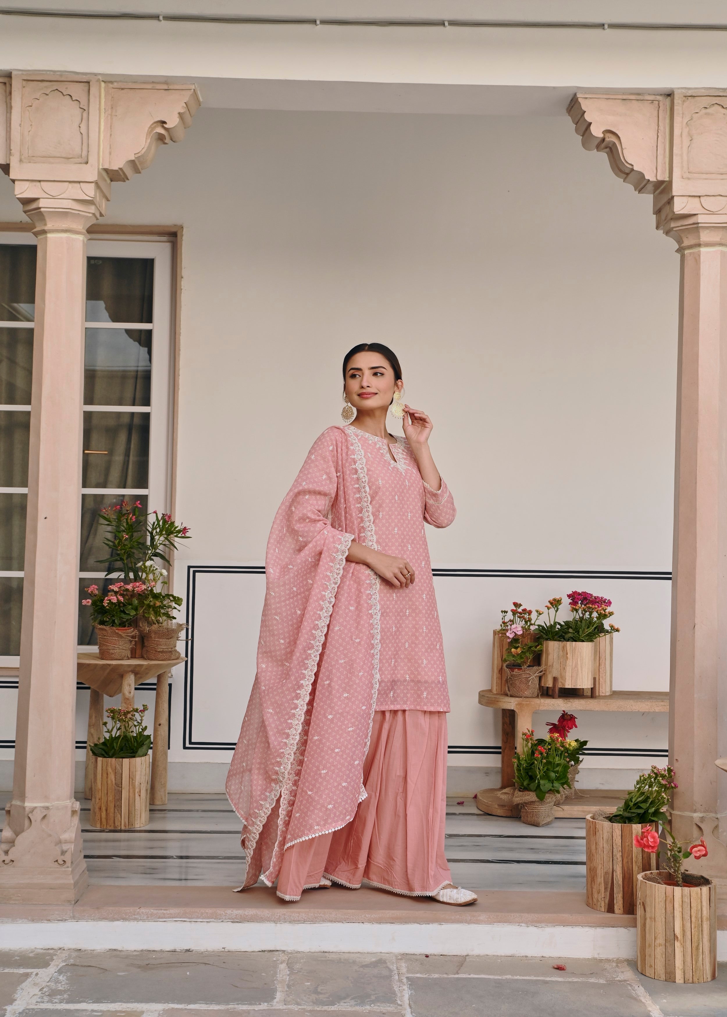 Peach Embroidered Chanderi Silk Sharara Set