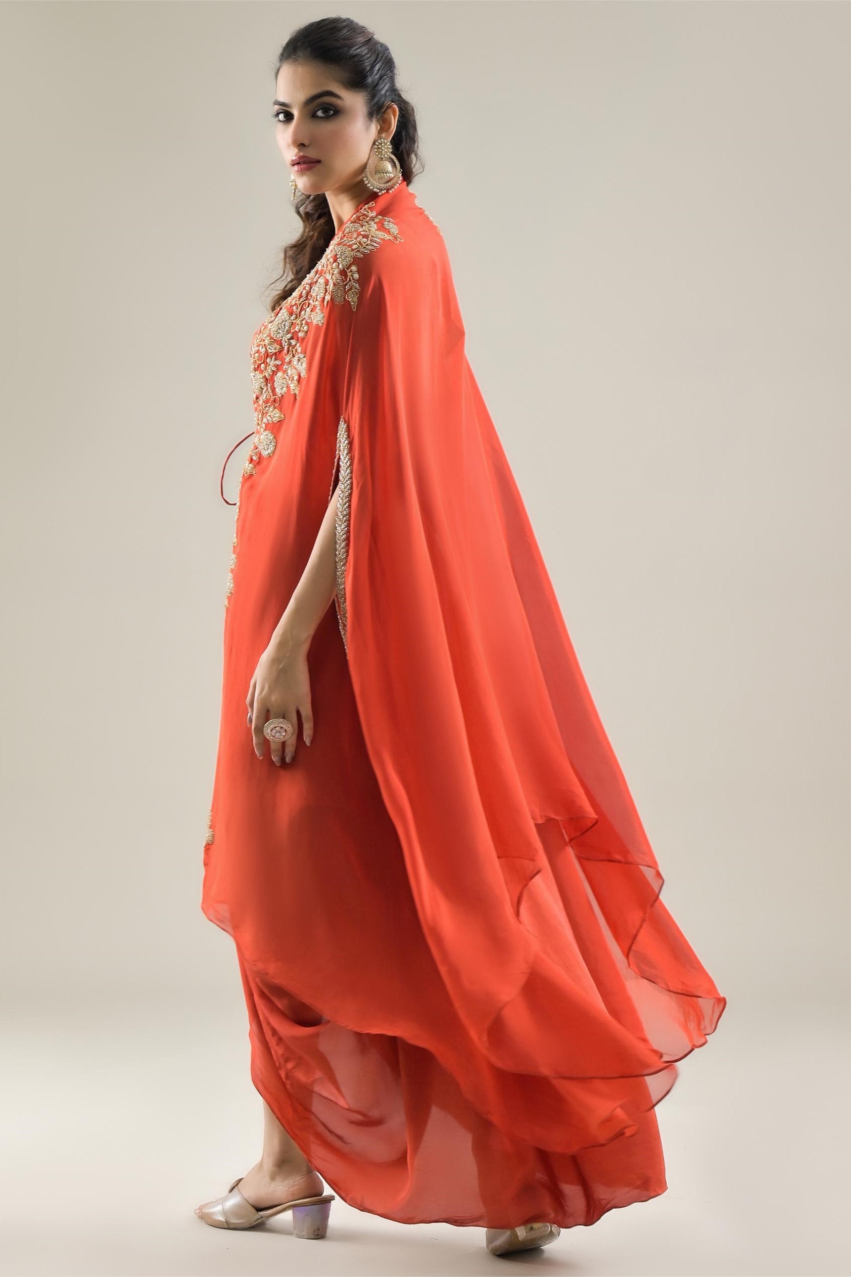 Orange Embroidered Organza Silk Cape Set