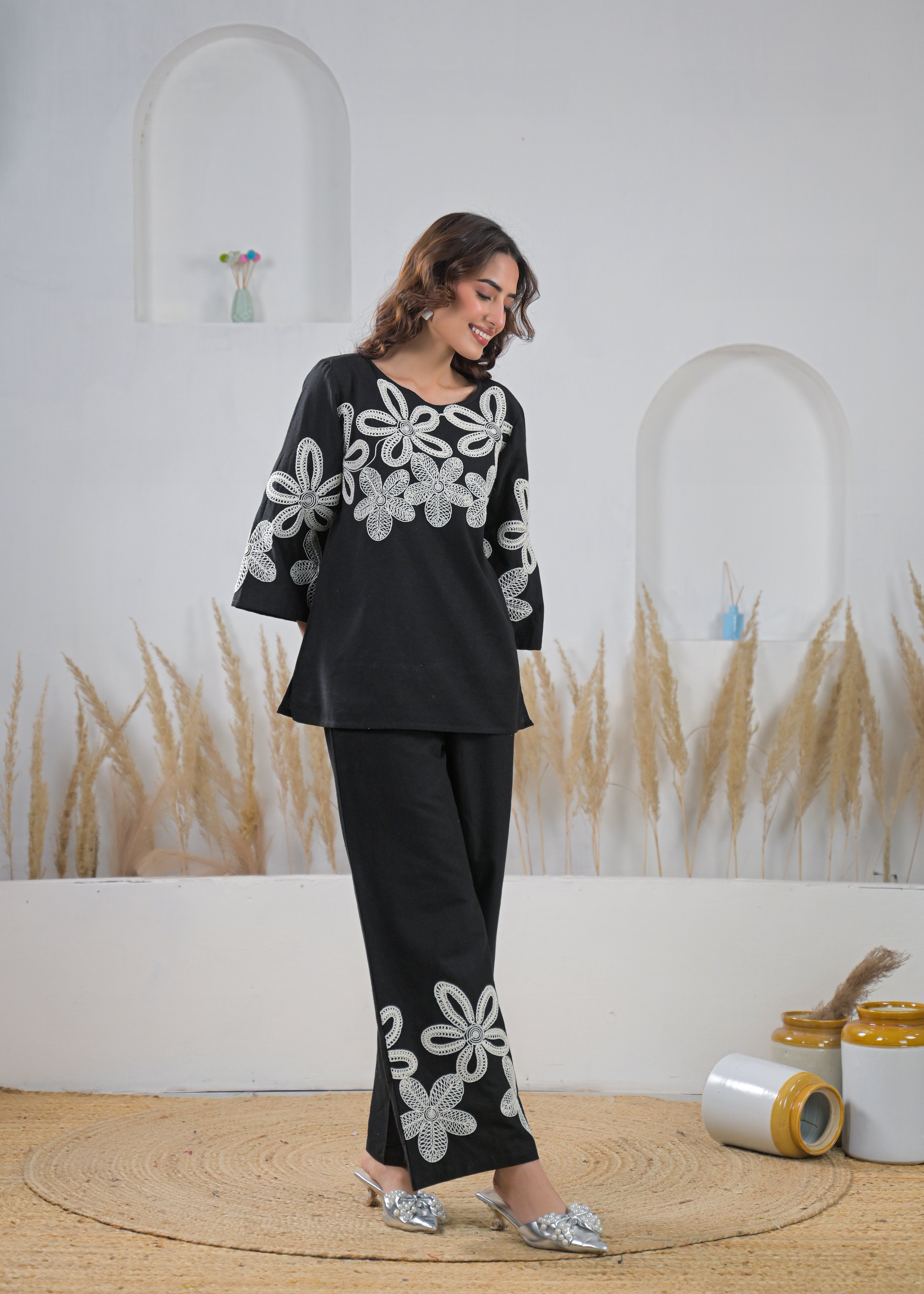 Noir Embroidered Cotton Linen Co-Ord Set