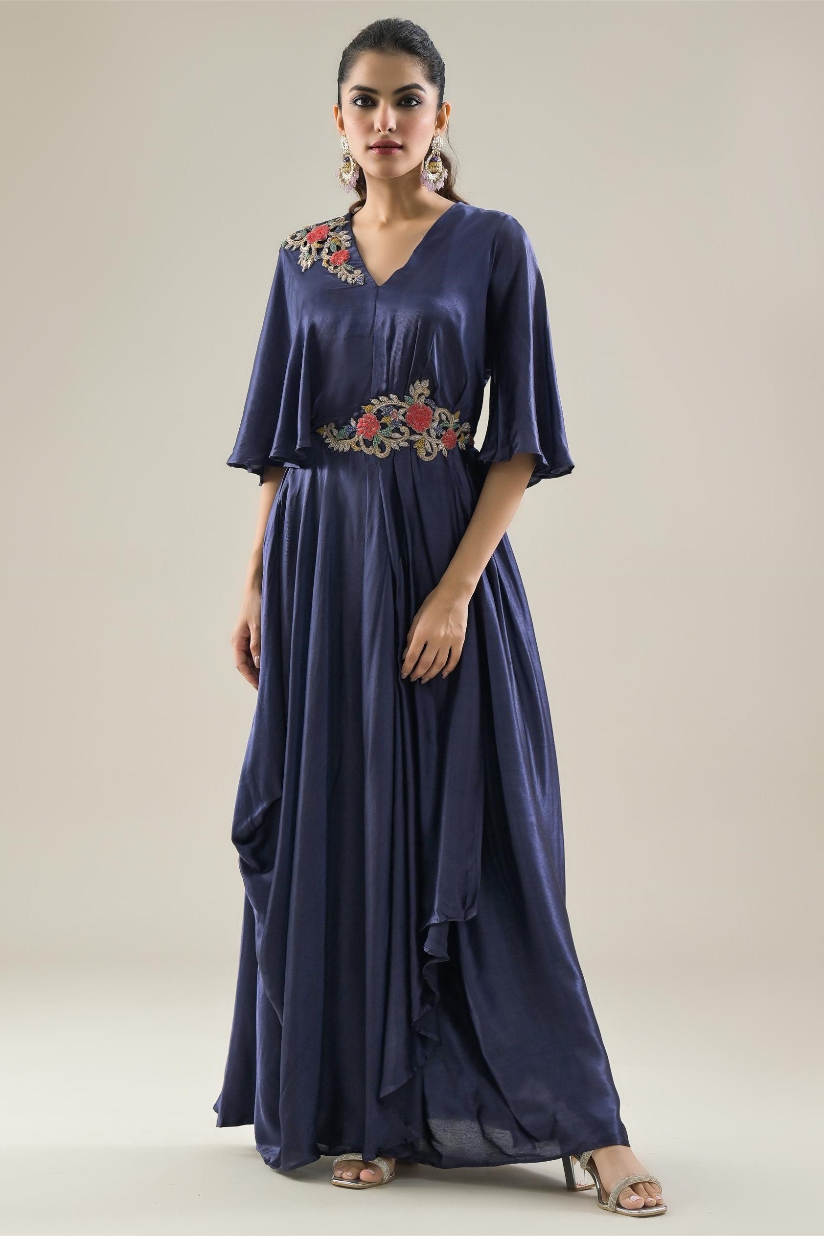 Deep Blue Embroidered Satin Chinon Silk Gown