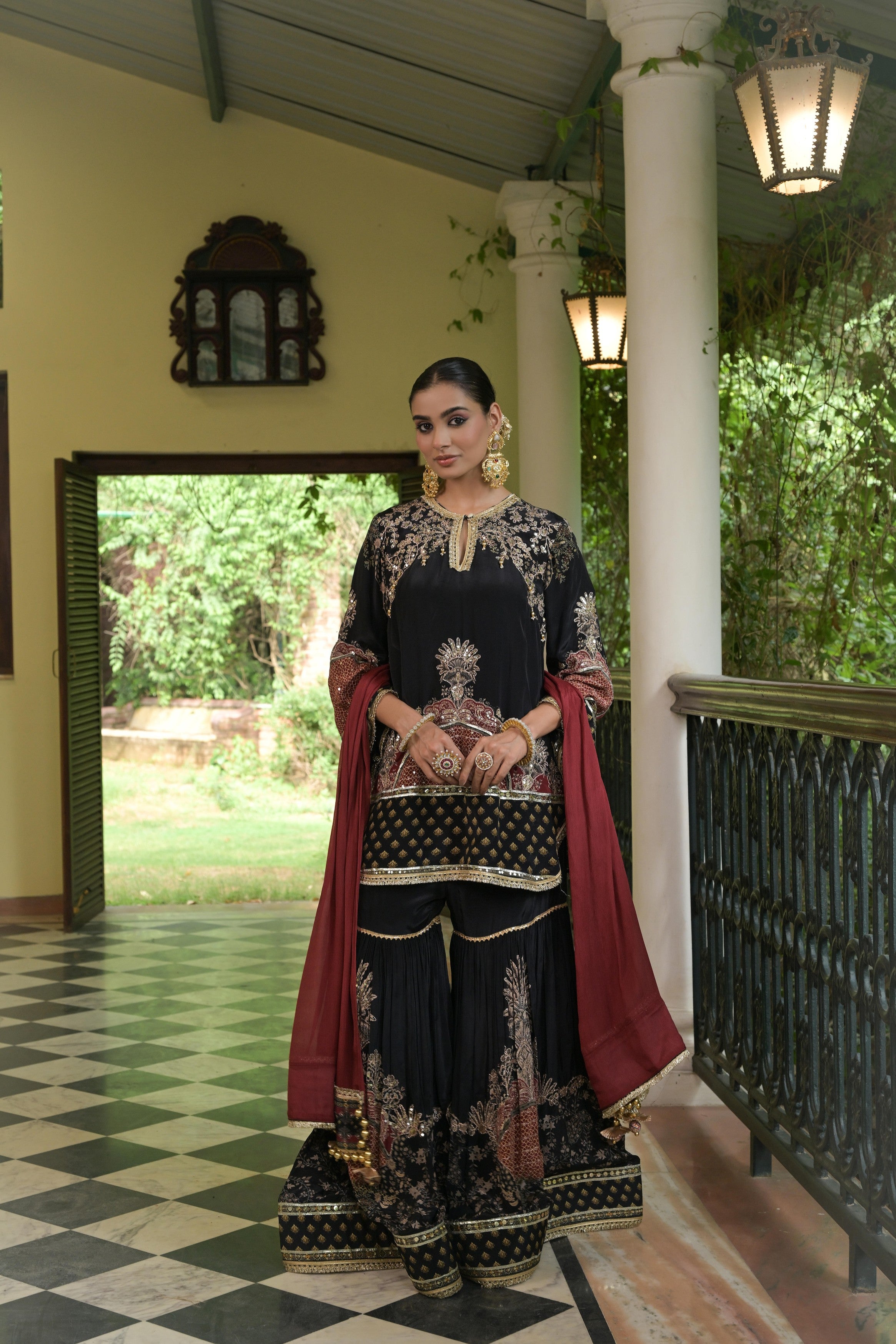 Black & Crimson Embellished Crepe Silk Sharara Set