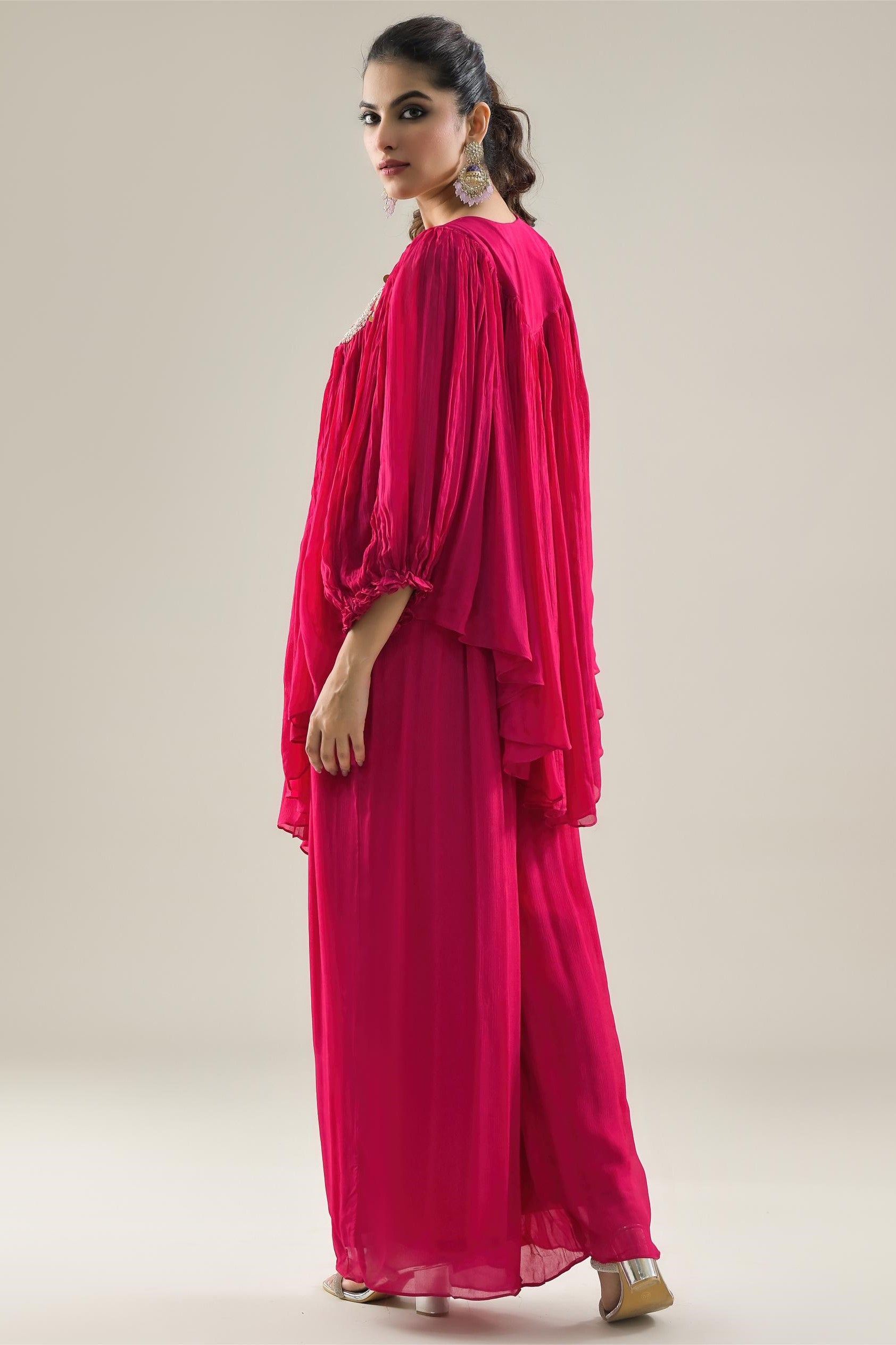 Rani Pink Embroidered Chinon Silk Kaftan & Palazzo Set