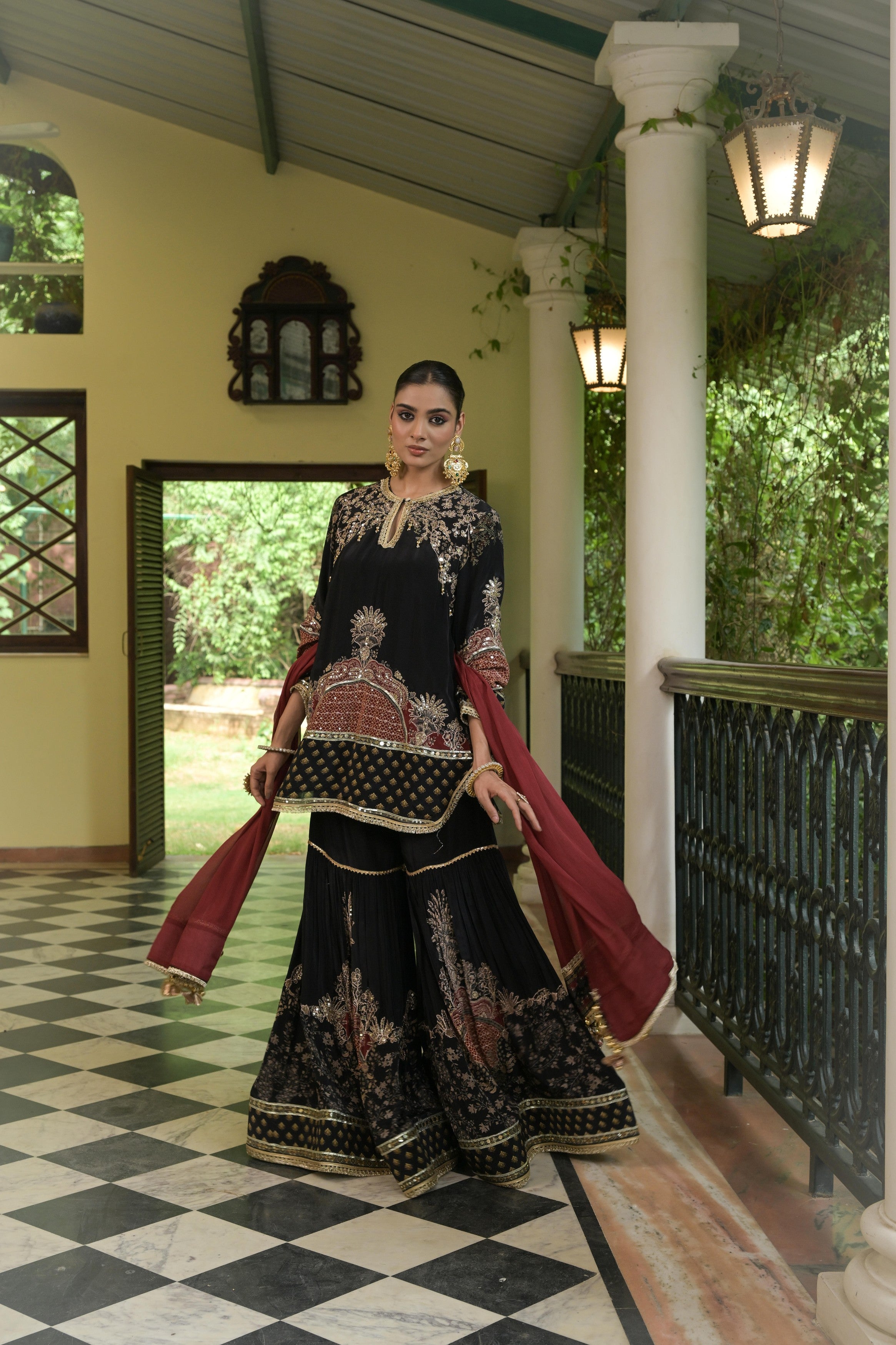 Black & Crimson Embellished Crepe Silk Sharara Set