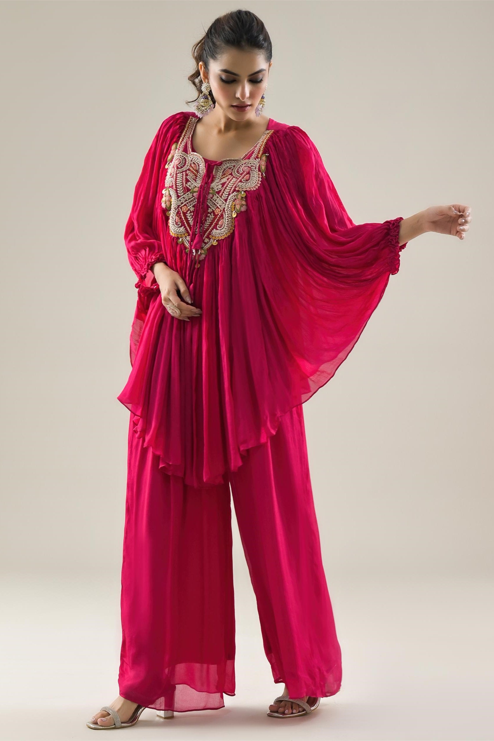 Rani Pink Embroidered Chinon Silk Kaftan & Palazzo Set