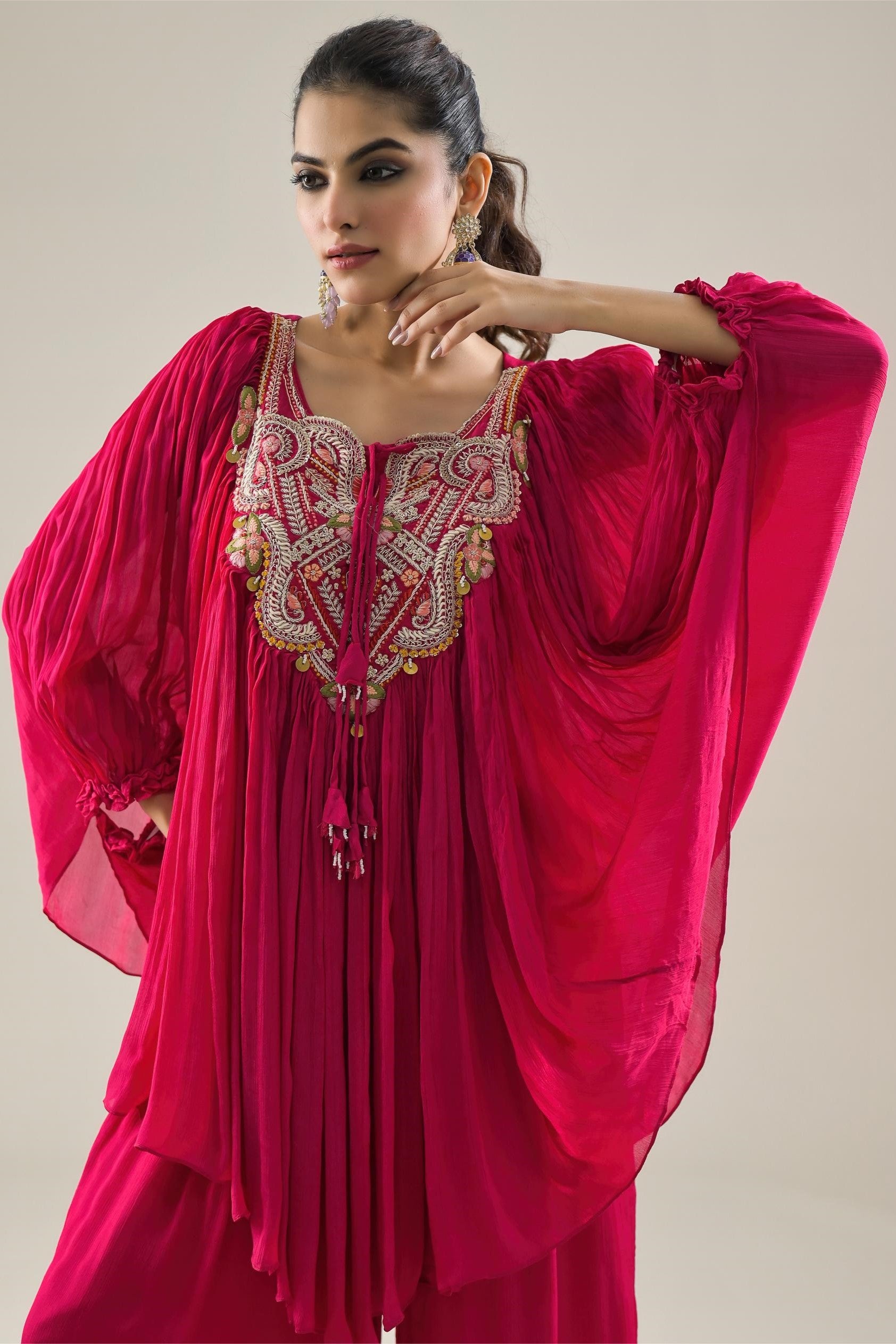 Rani Pink Embroidered Chinon Silk Kaftan & Palazzo Set