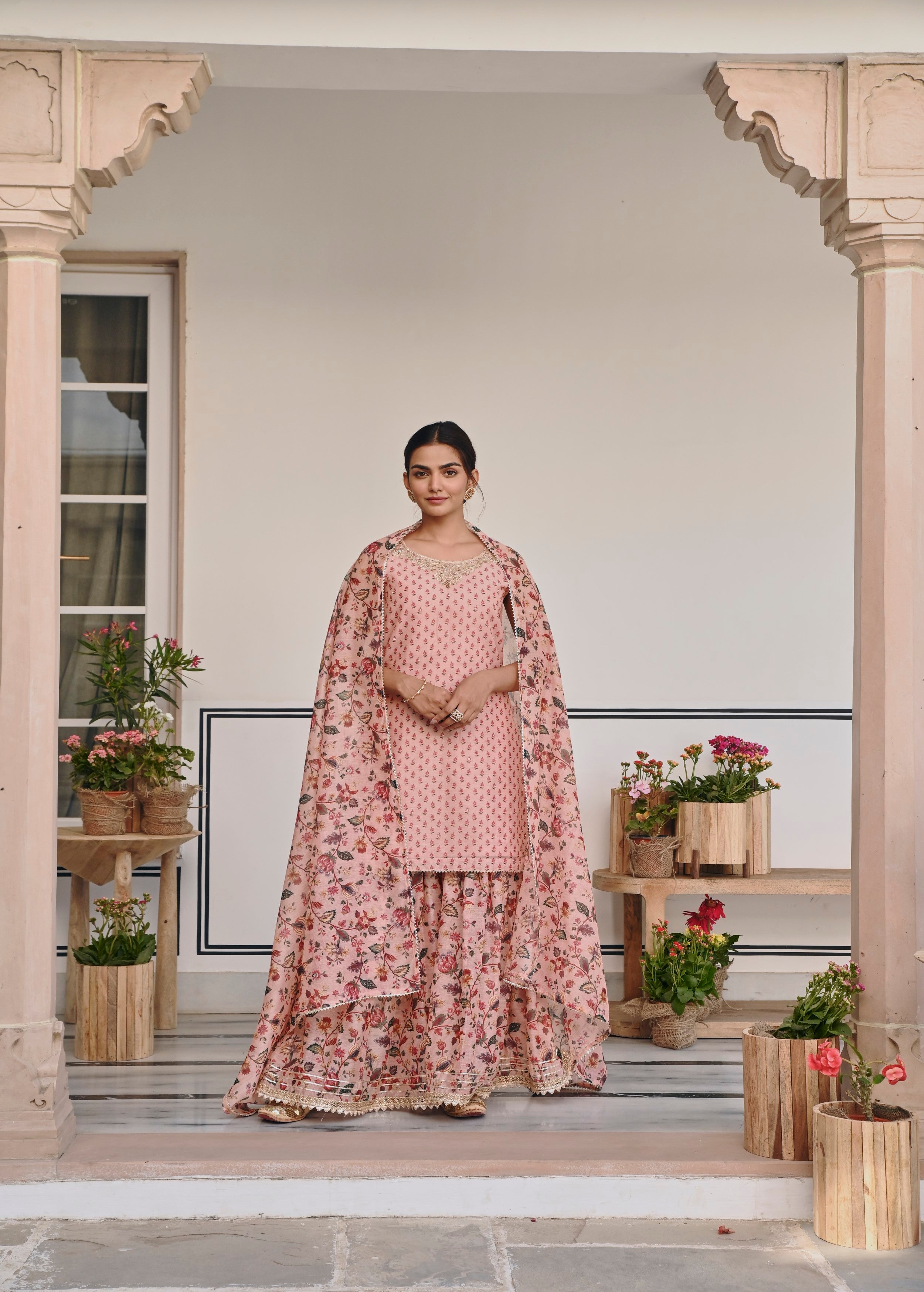 Light Pink Embellished Chanderi Silk Sharara Set