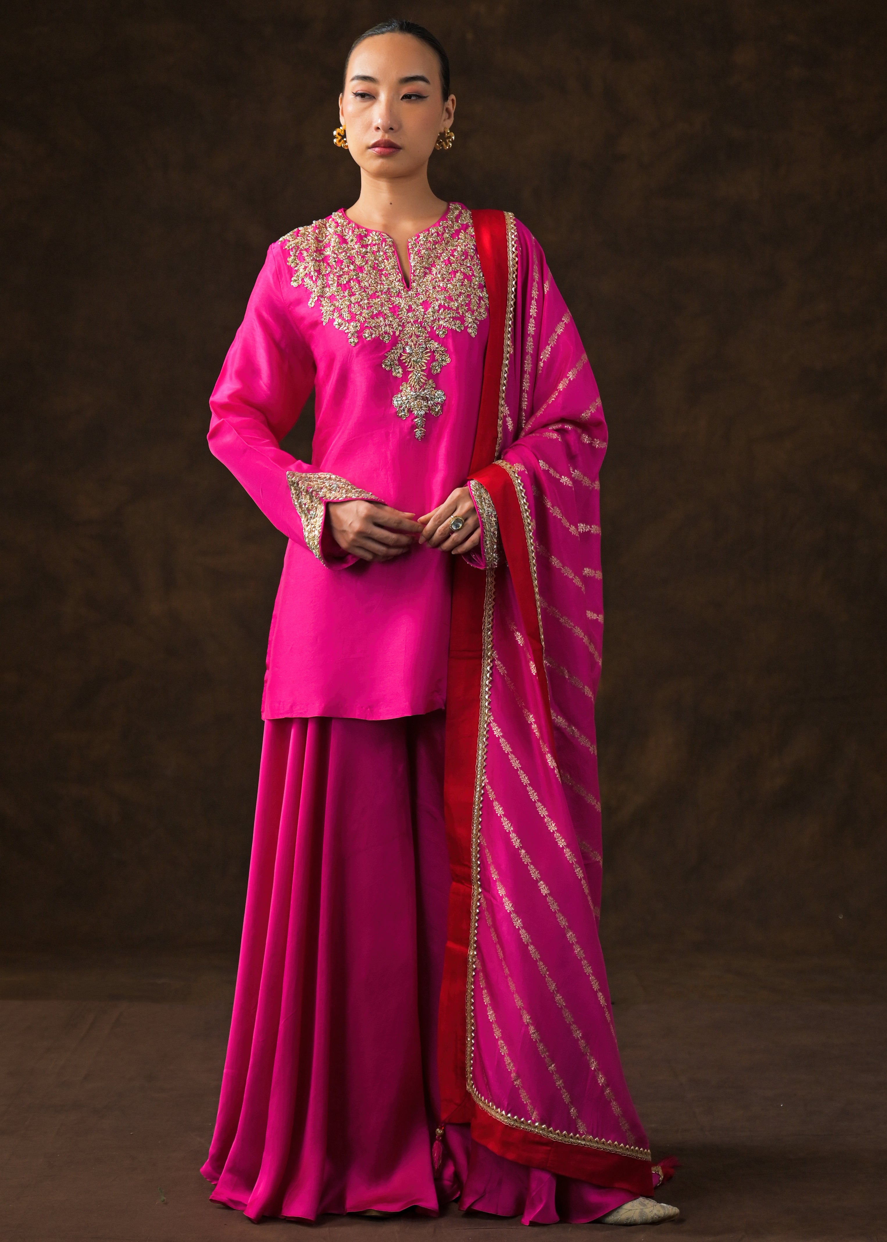Rich Pink Embellished Raw Silk Palazzo Set