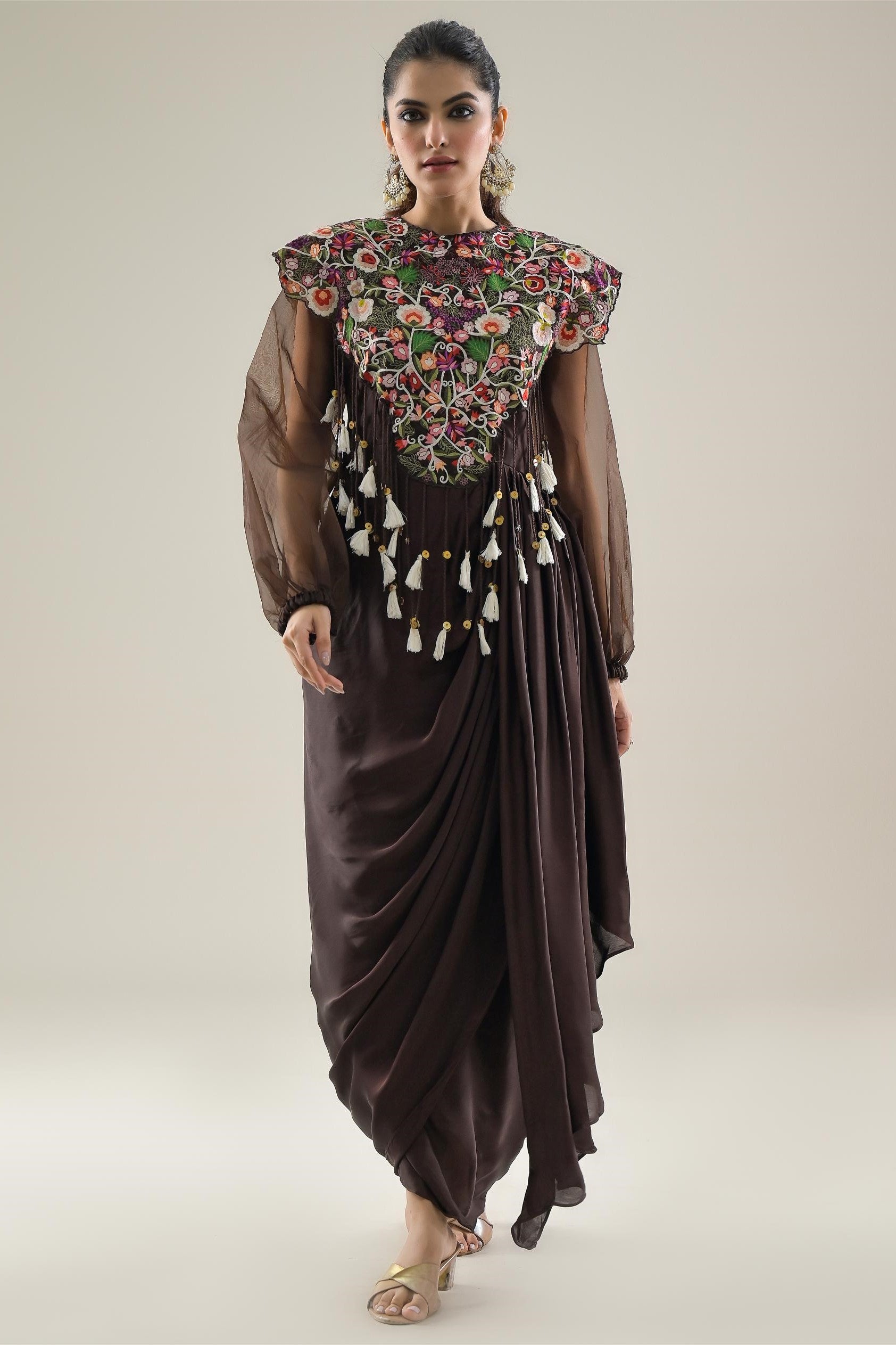 Brown Embroidered Satin Silk Draped Dress