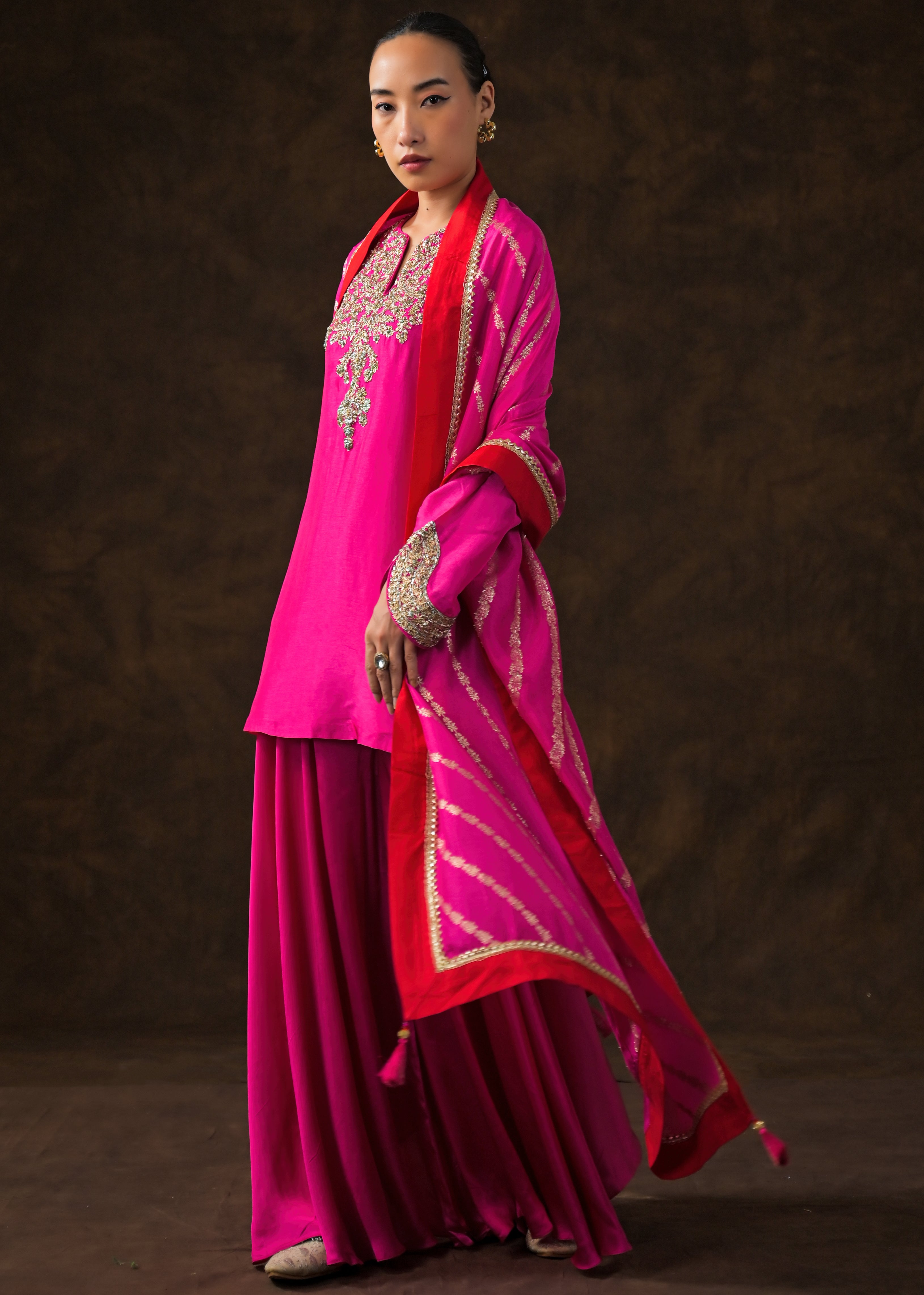 Rich Pink Embellished Raw Silk Palazzo Set