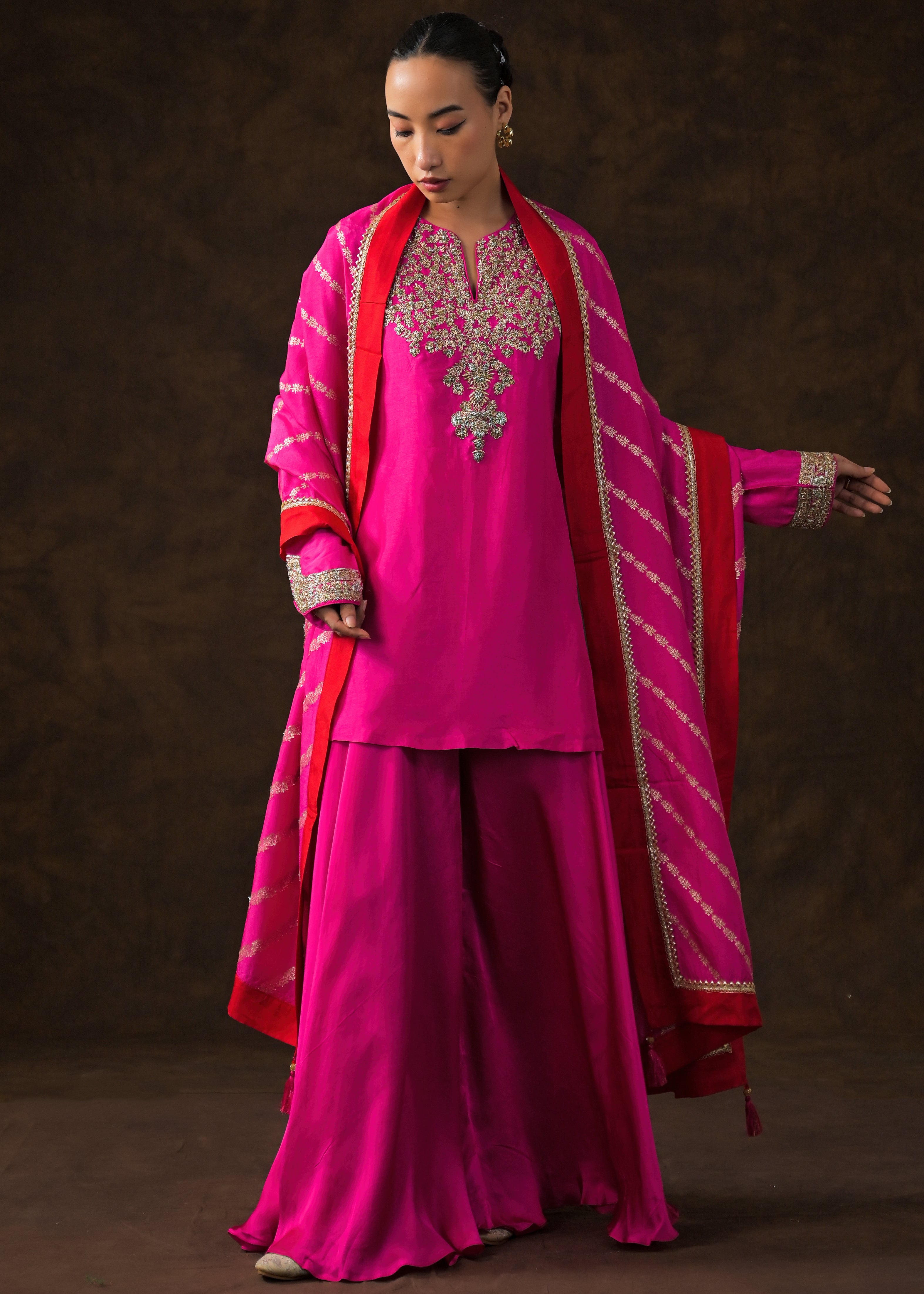 Rich Pink Embellished Raw Silk Palazzo Set