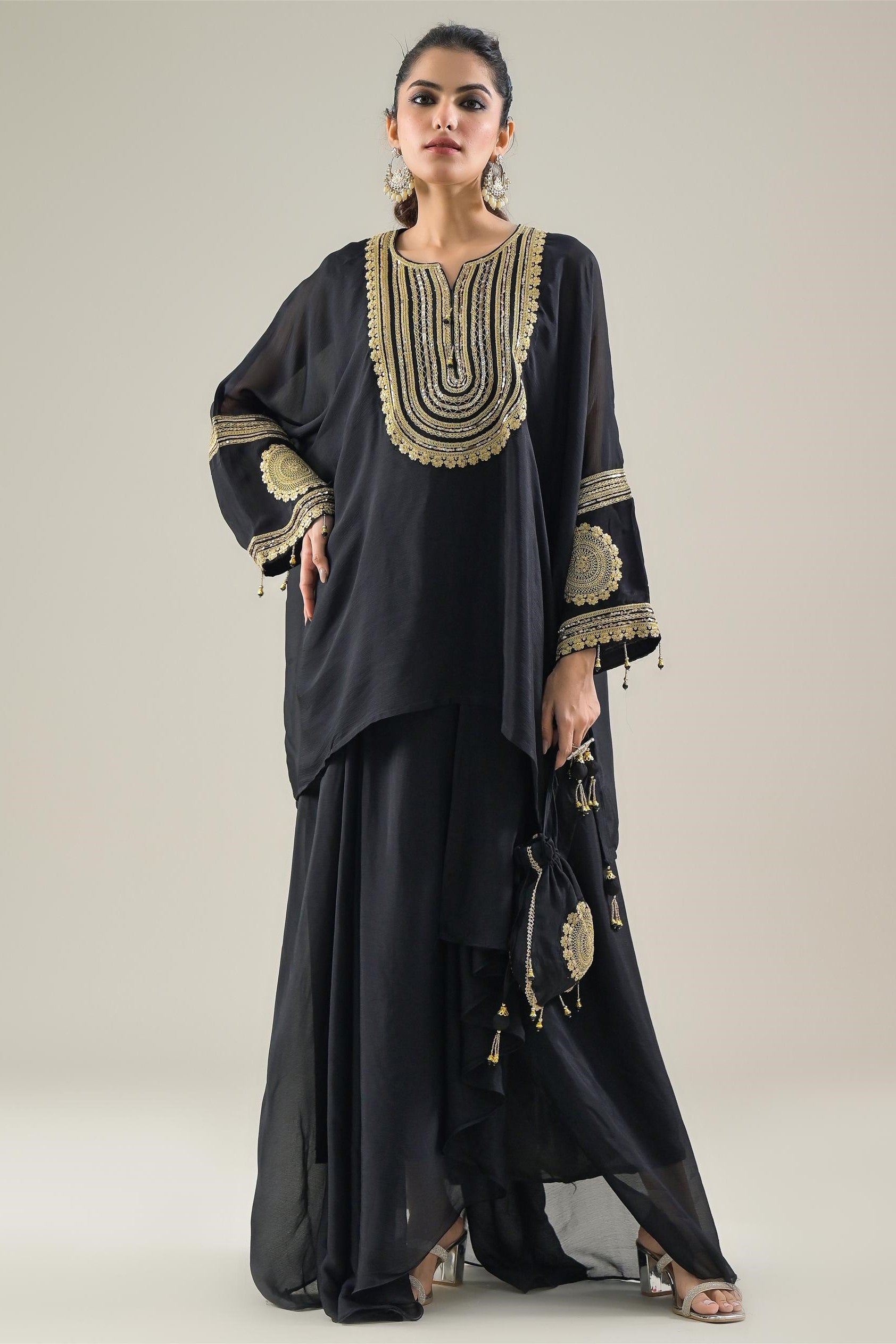 Black Embroidered Chinon Silk Kaftan-Skirt Set