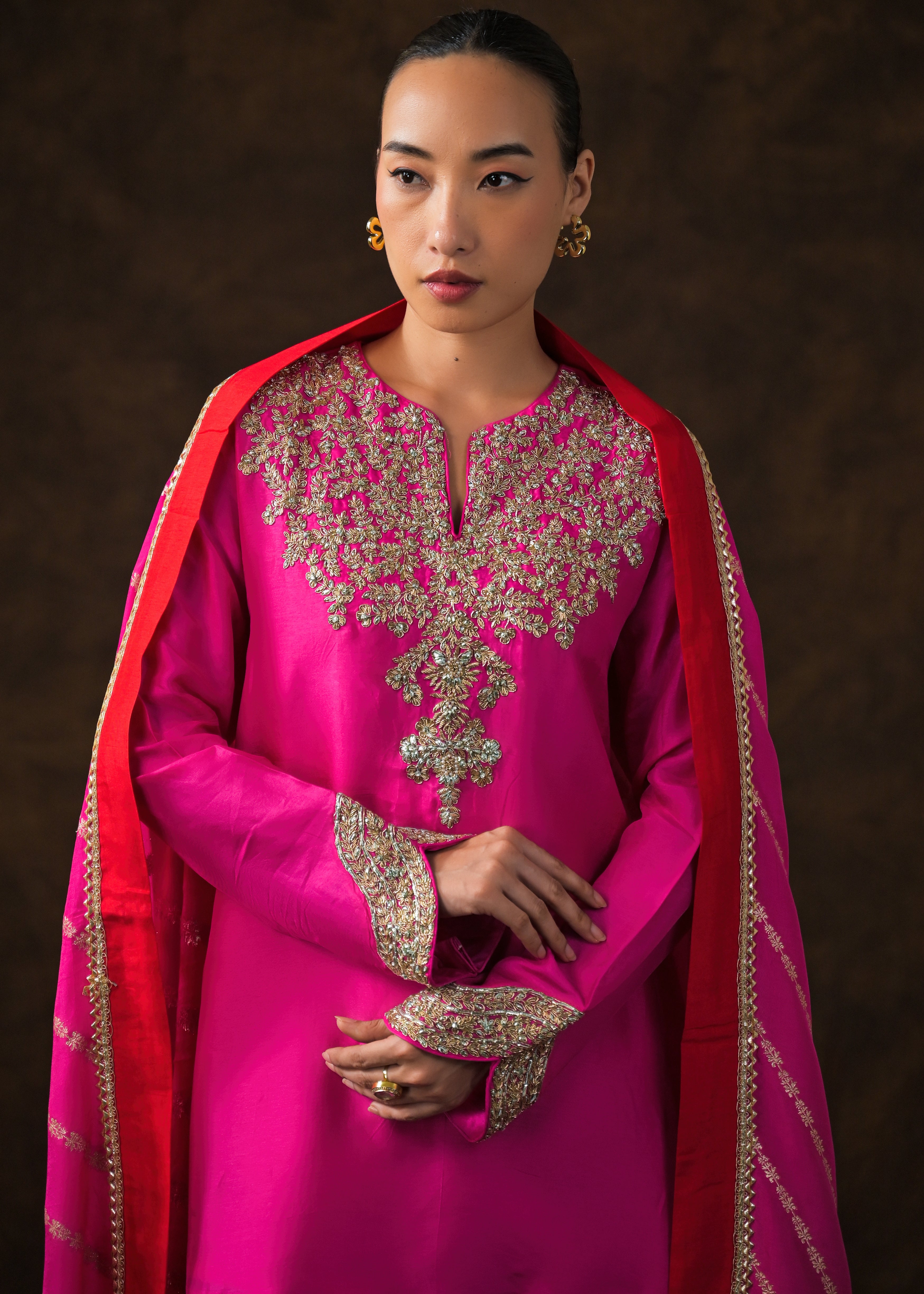 Rich Pink Embellished Raw Silk Palazzo Set
