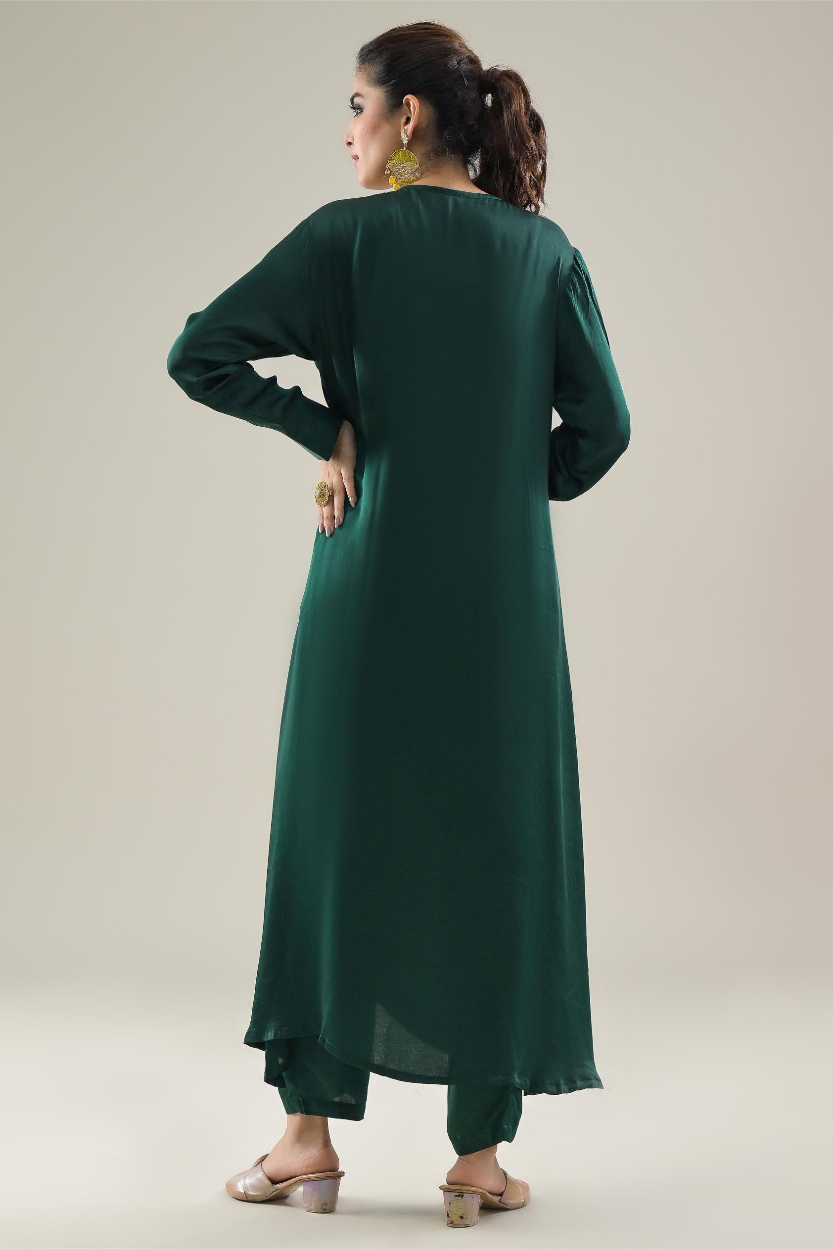 Deep Green Embroidered Satin Silk Kurta & Pants Set