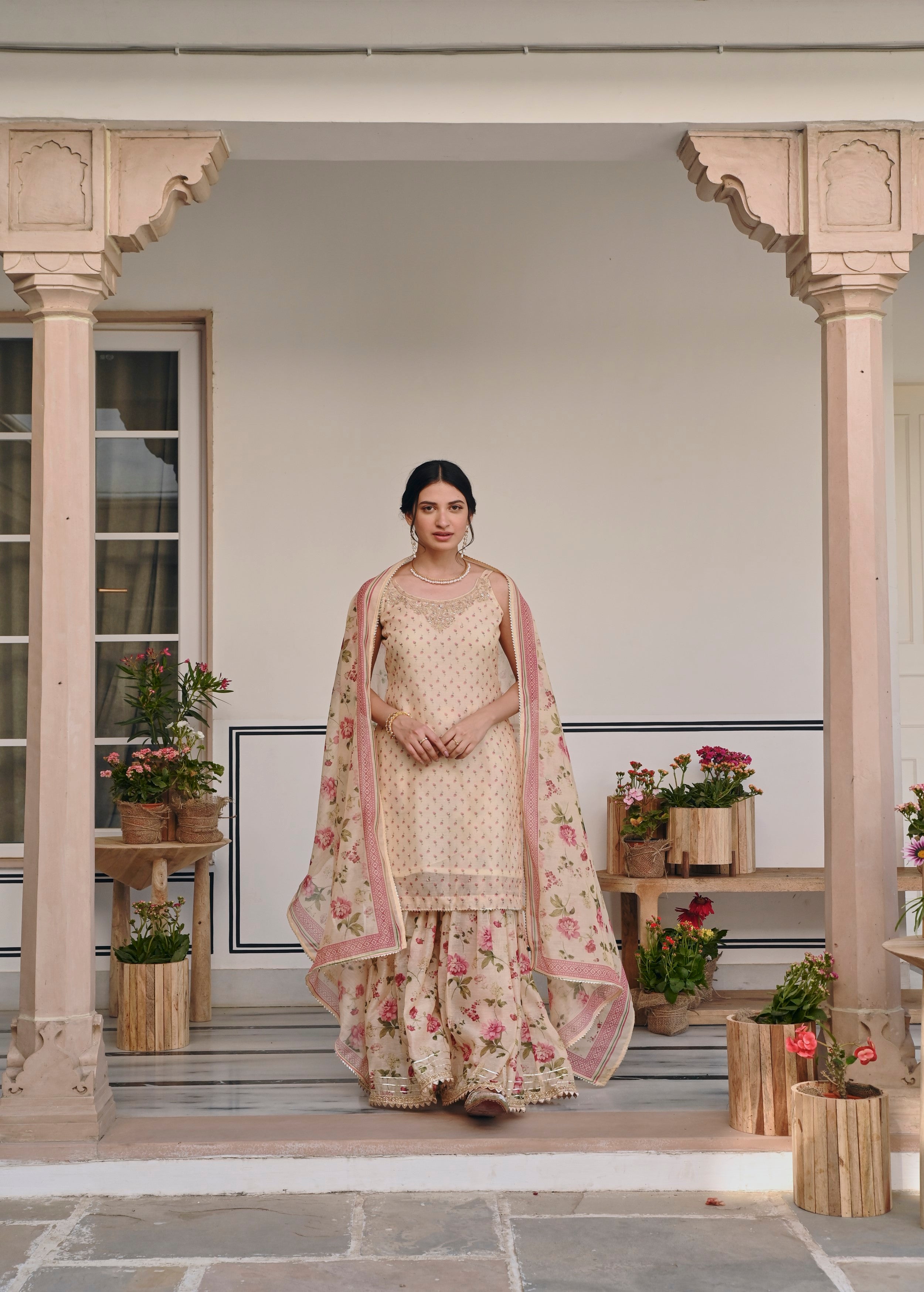 Cream Embellished Chanderi Silk Sharara Set