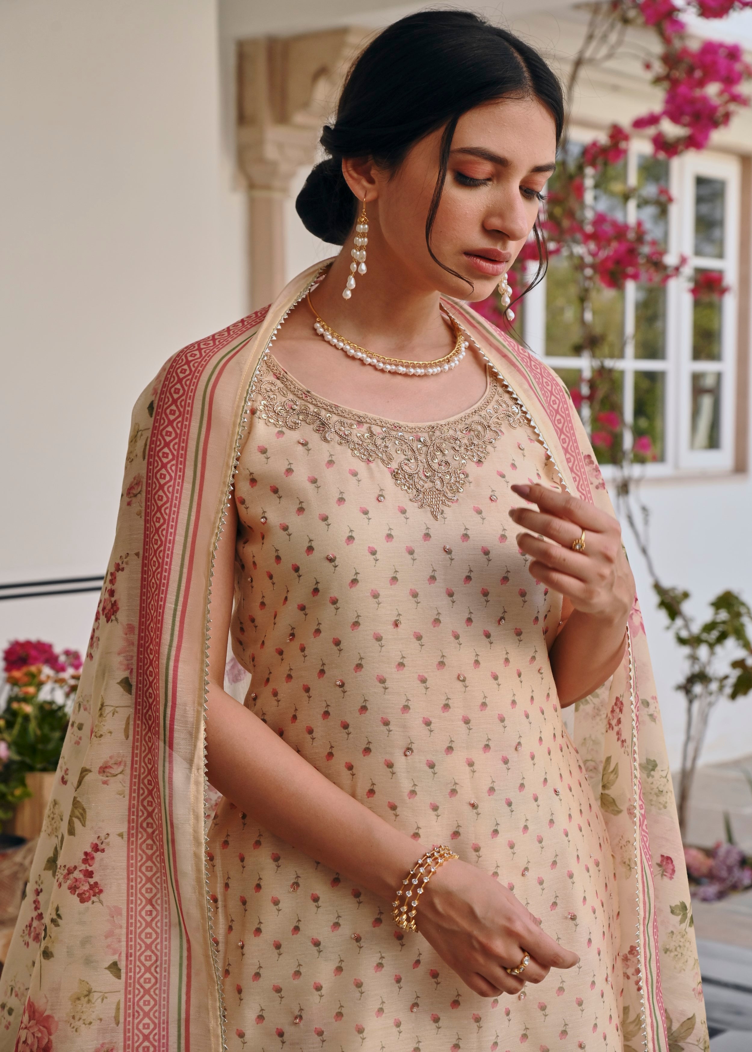 Cream Embellished Chanderi Silk Sharara Set