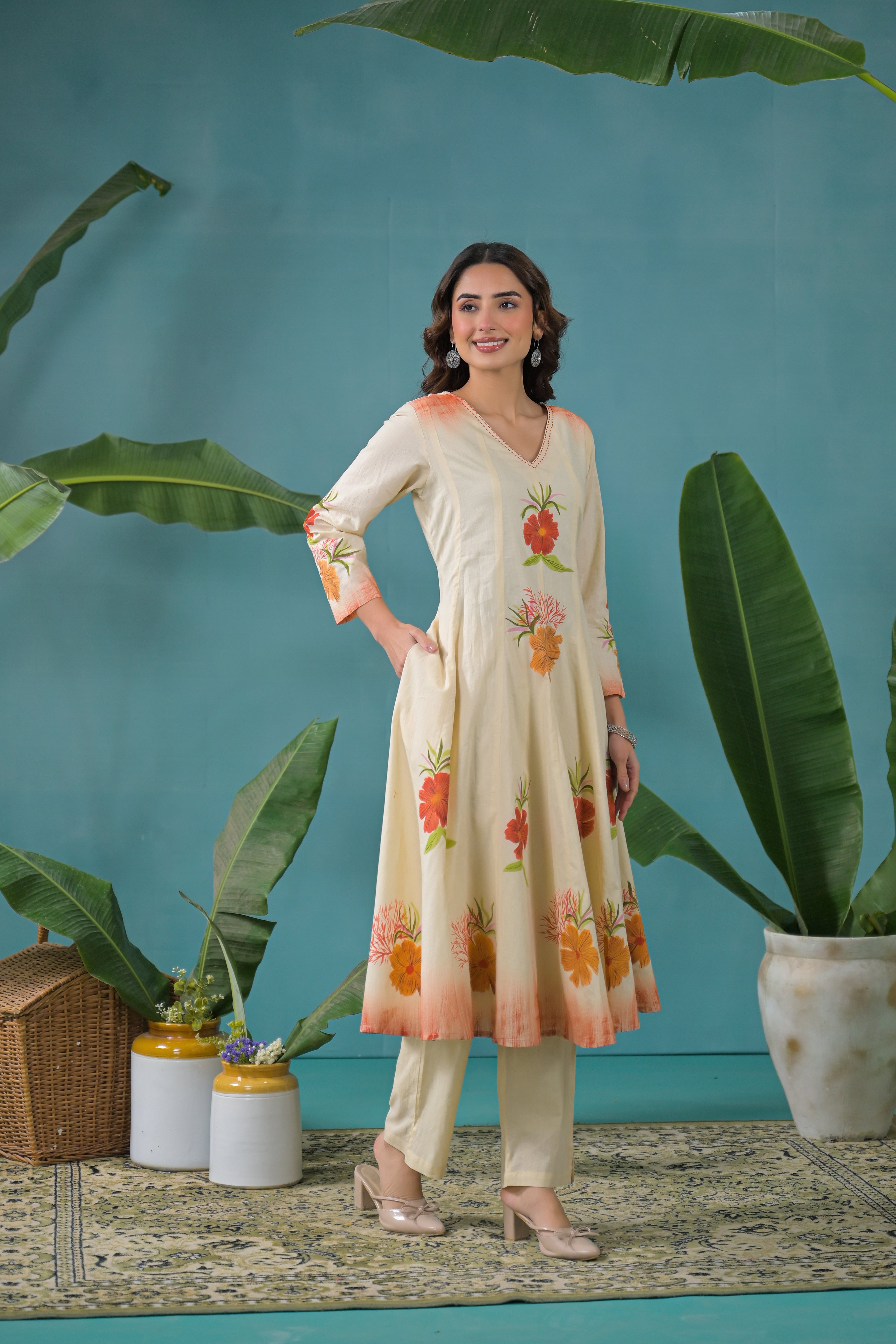 Warm Beige Printed Cotton Anarkali Kurta Set