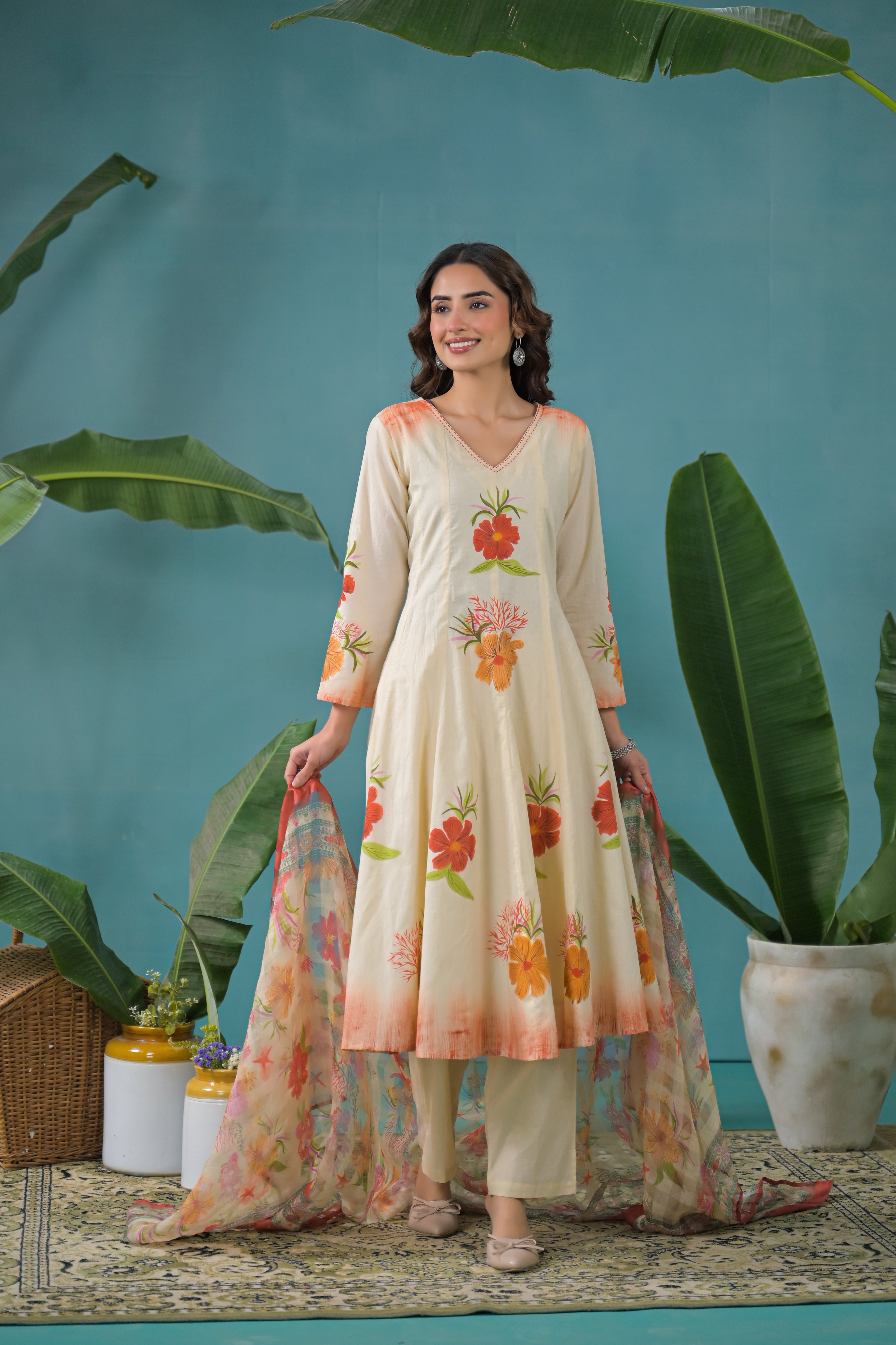 Warm Beige Printed Cotton Anarkali Kurta Set