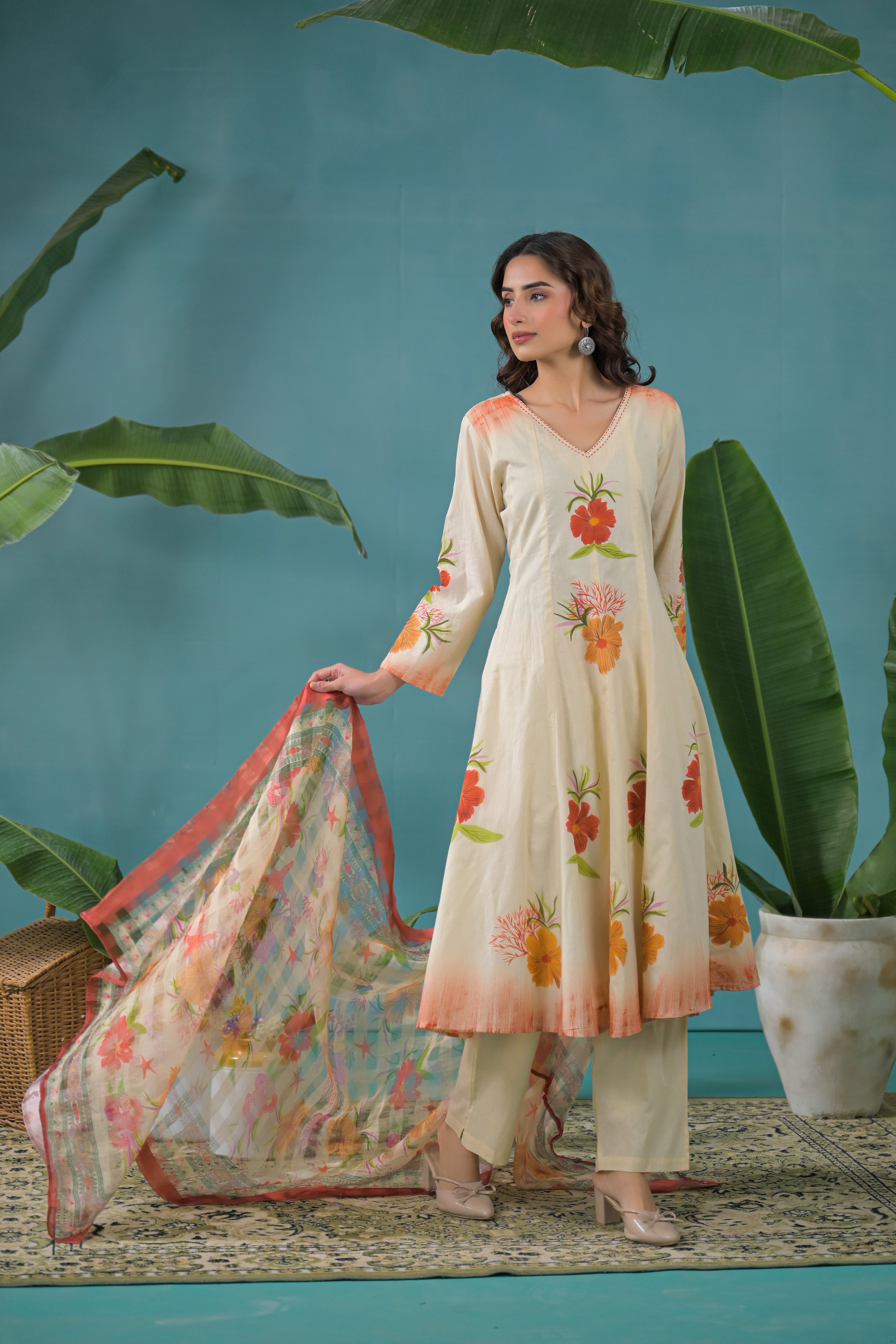 Warm Beige Printed Cotton Anarkali Kurta Set