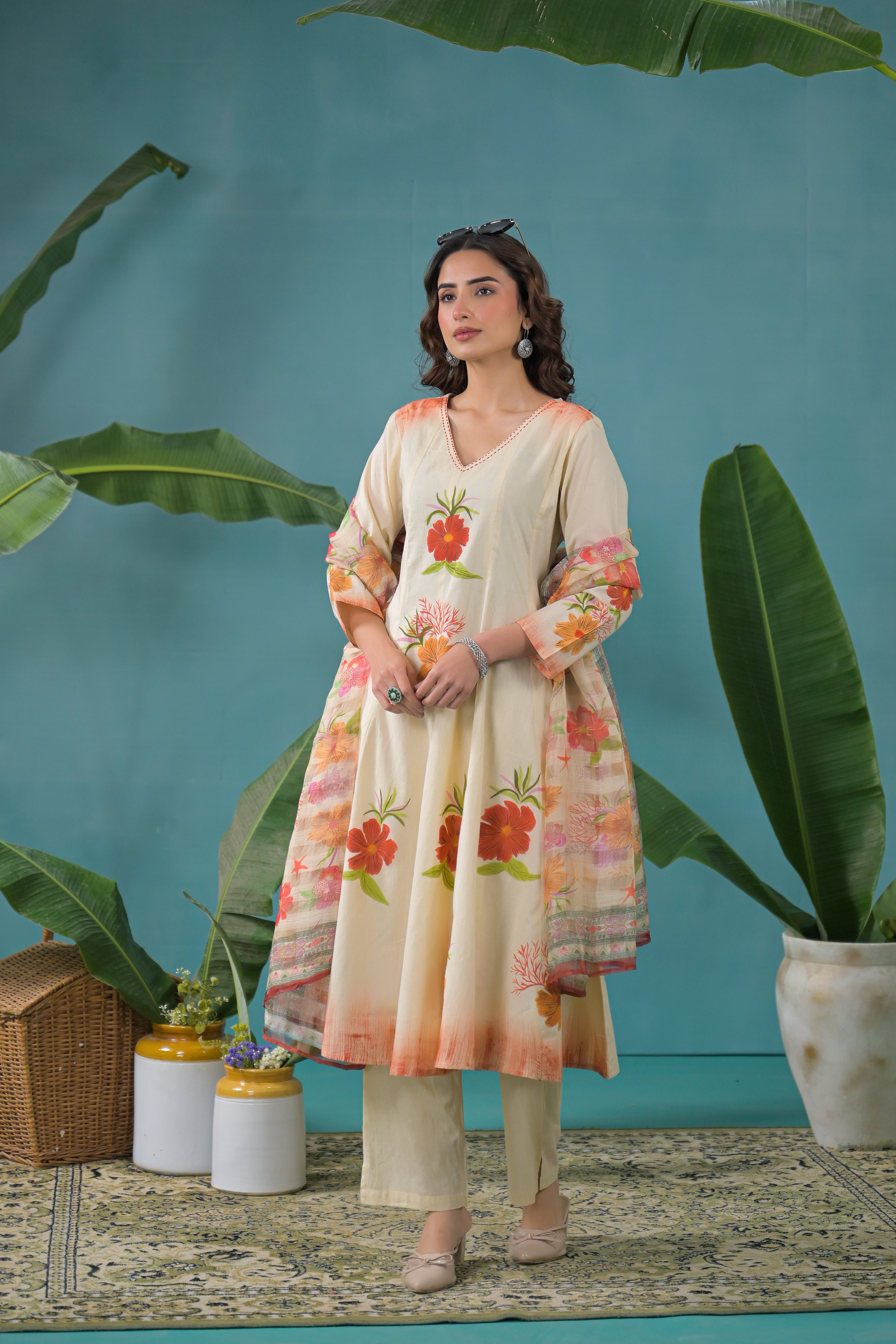 Warm Beige Printed Cotton Anarkali Kurta Set