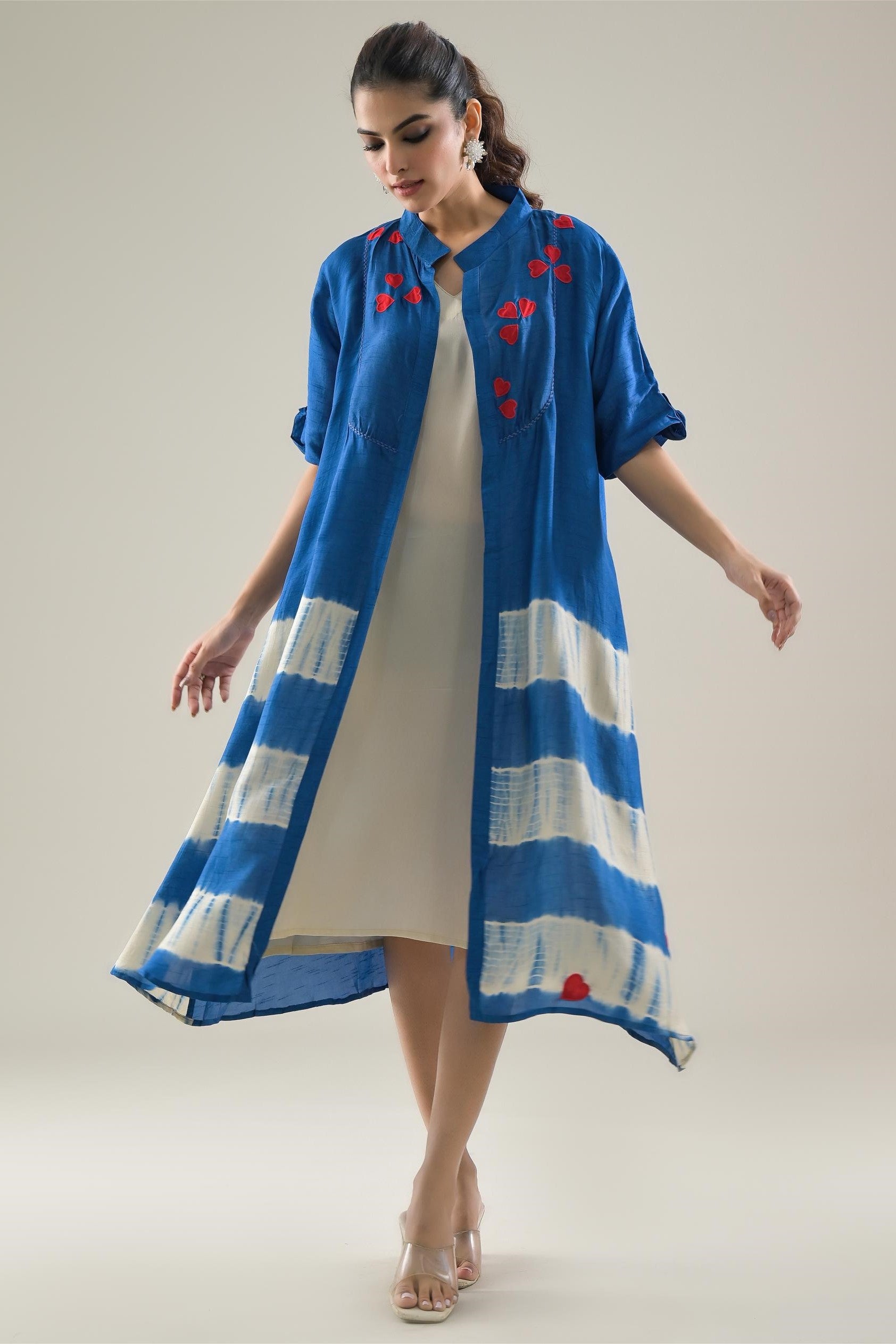 Blue Tie-Dye Raw Silk Dress With Shrug