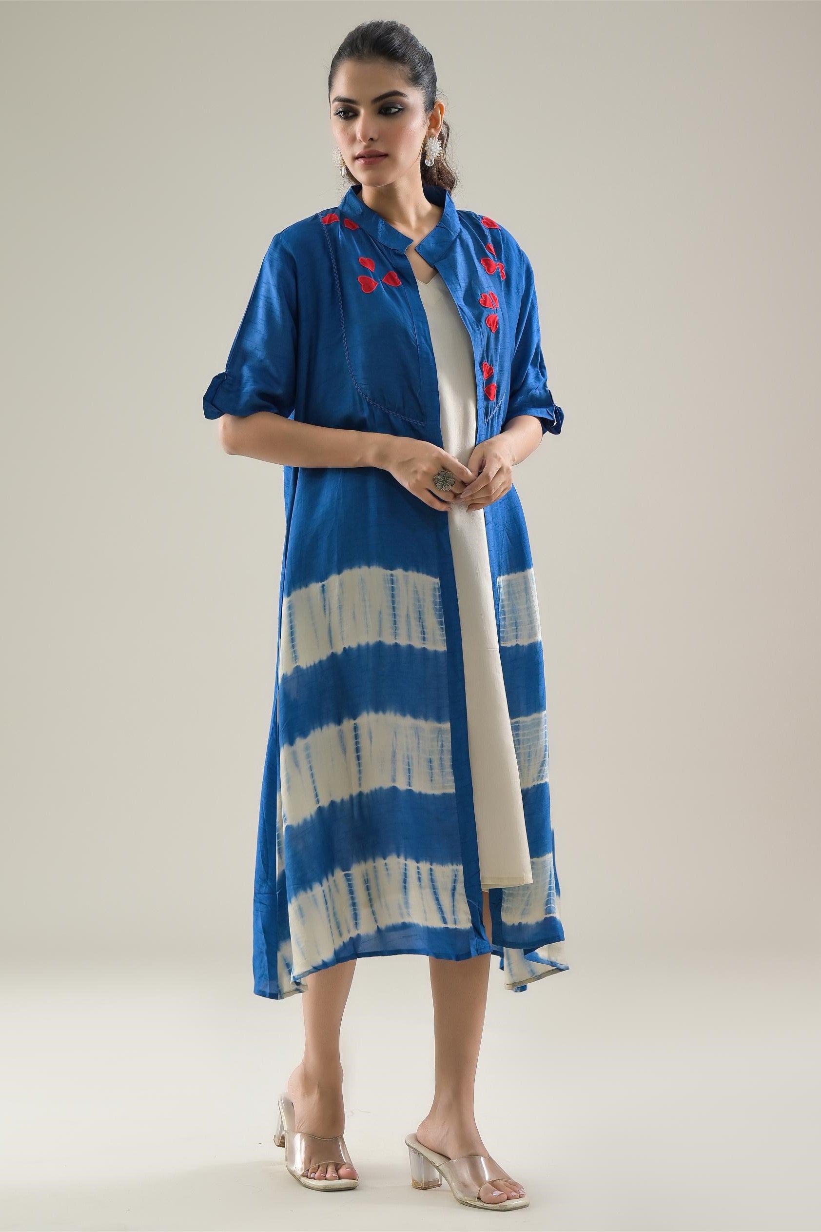 Blue Tie-Dye Raw Silk Dress With Shrug