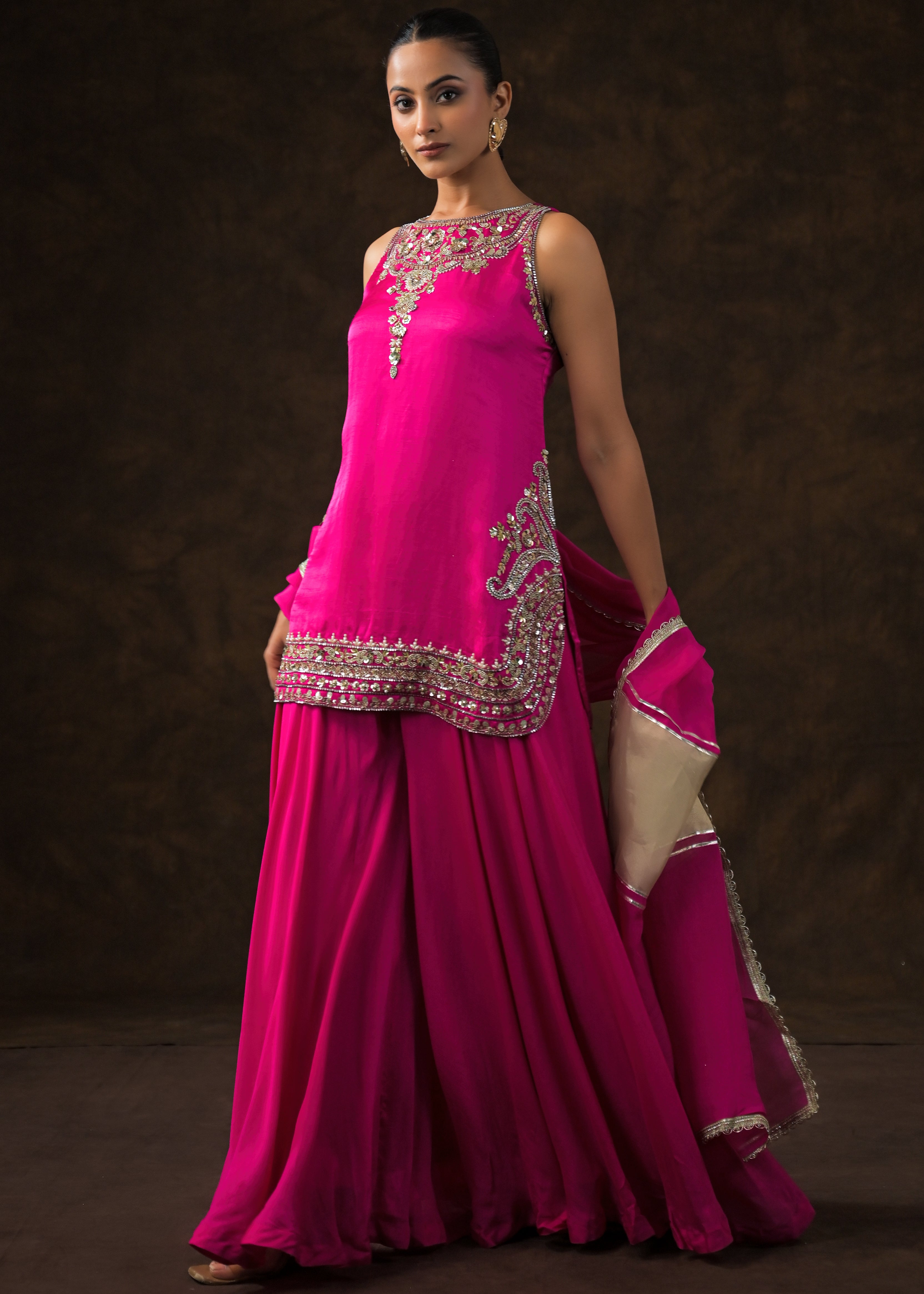 Royal Pink Embellished Satin Silk Palazzo Set