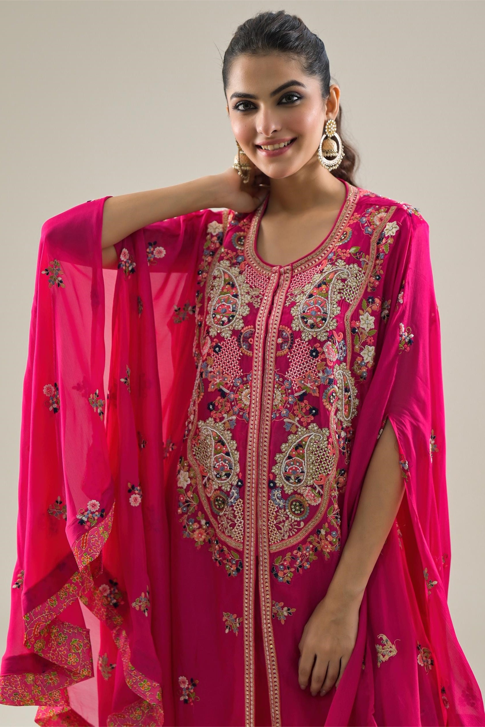 Rani Pink Embroidered Chinon Silk Kaftan Set