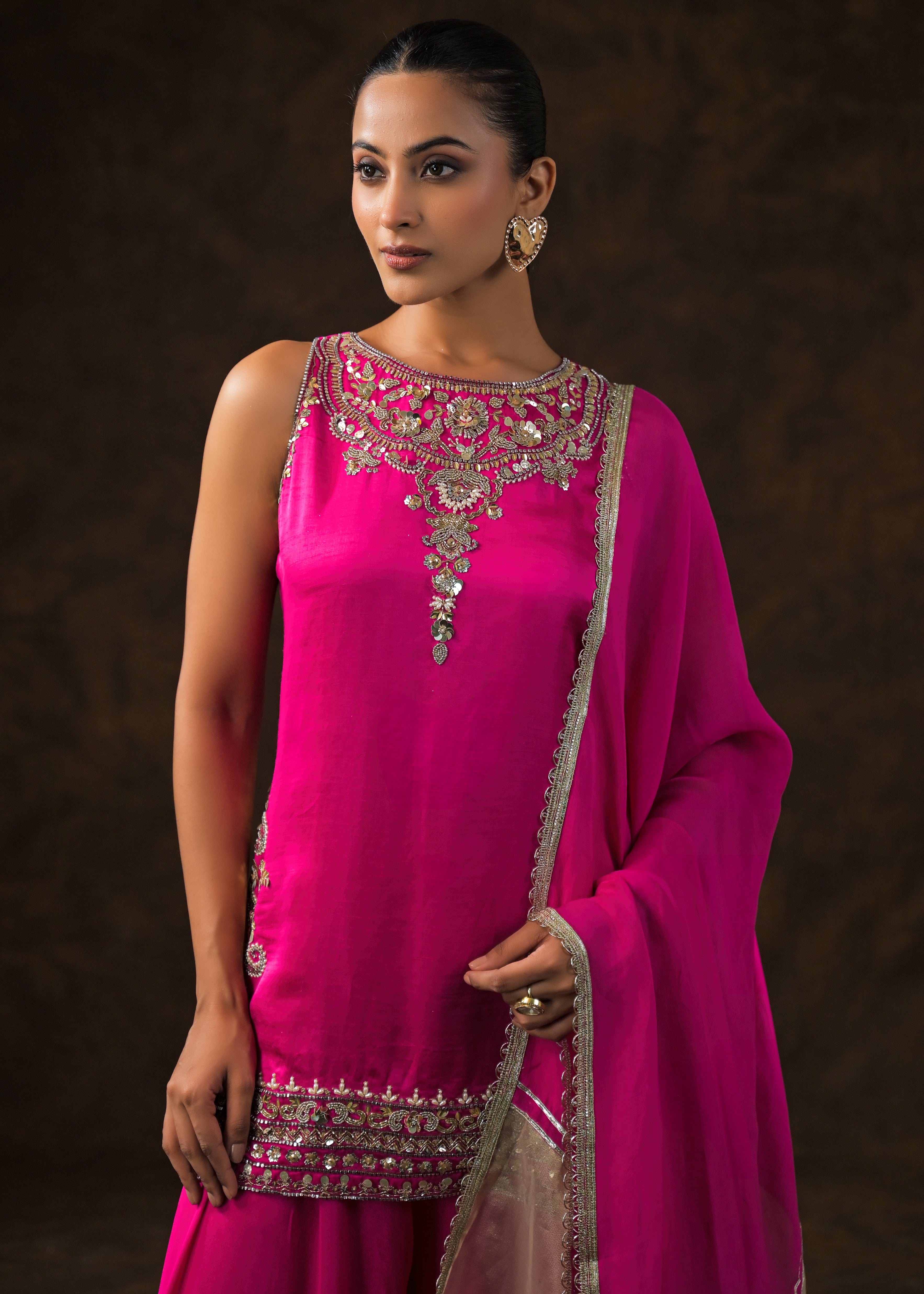 Royal Pink Embellished Satin Silk Palazzo Set