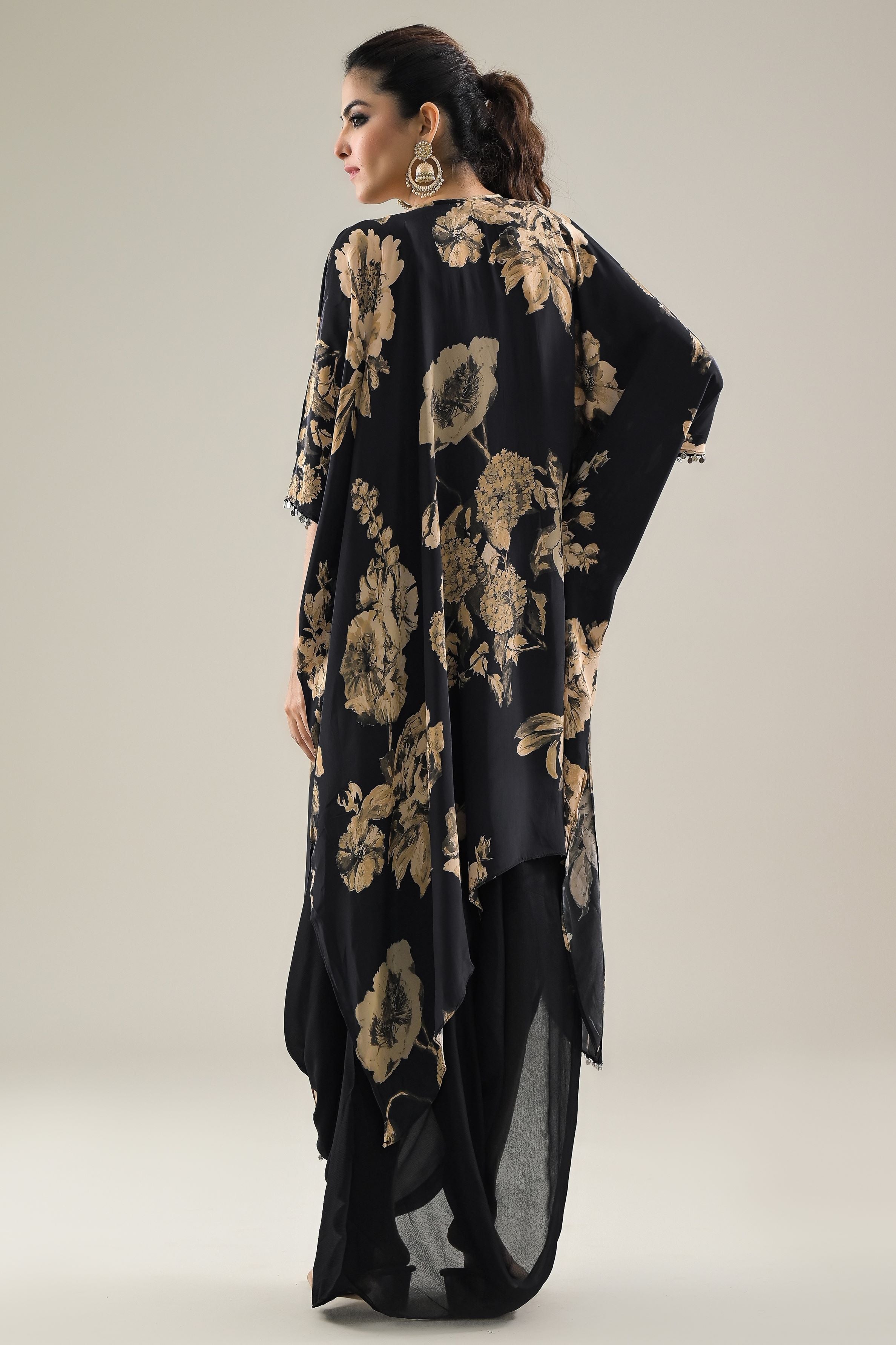 Black Floral Printed Crepe Silk Kaftan & Skirt Set