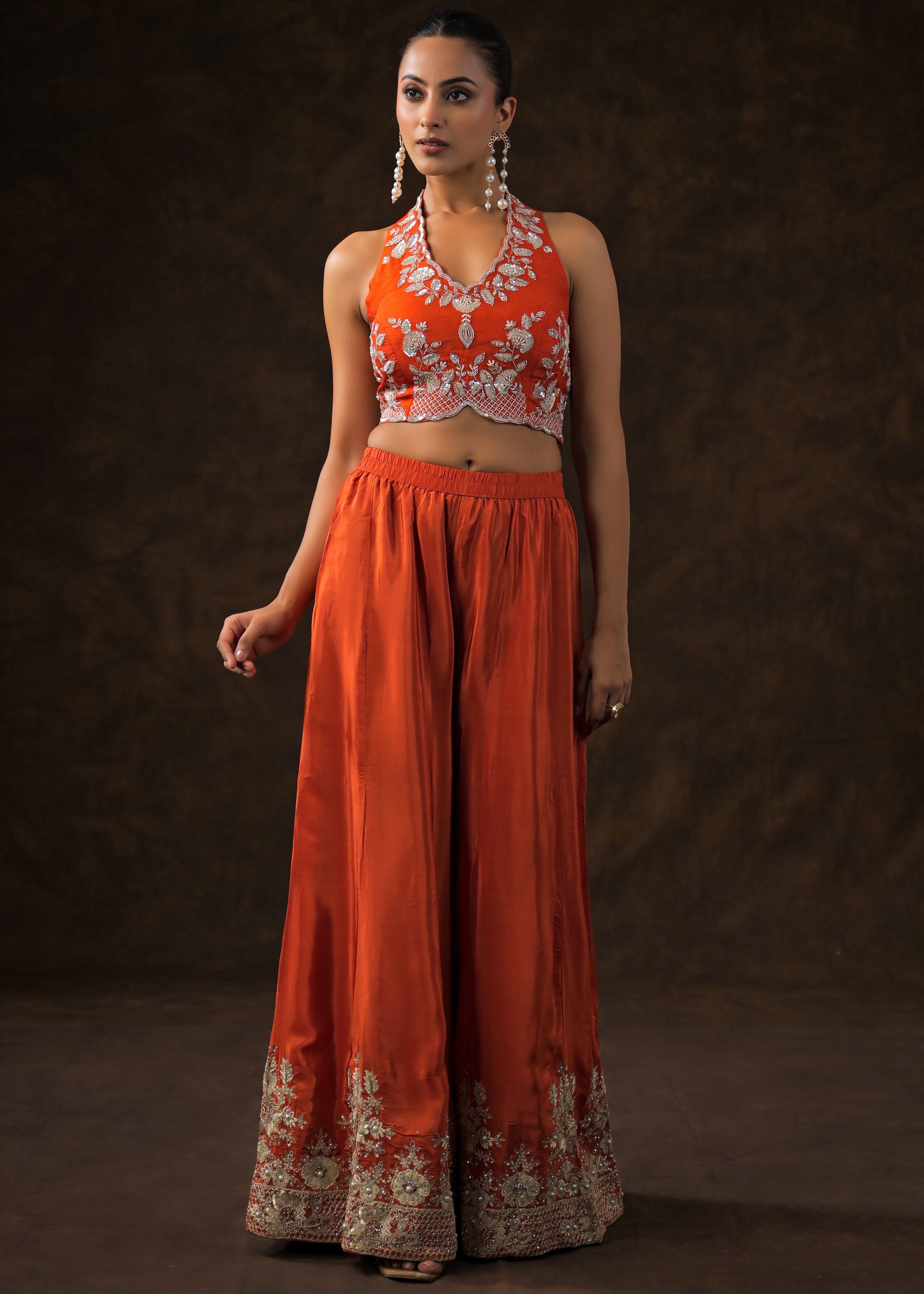 Scarlet Orange Embellished Satin Silk Palazzo Set