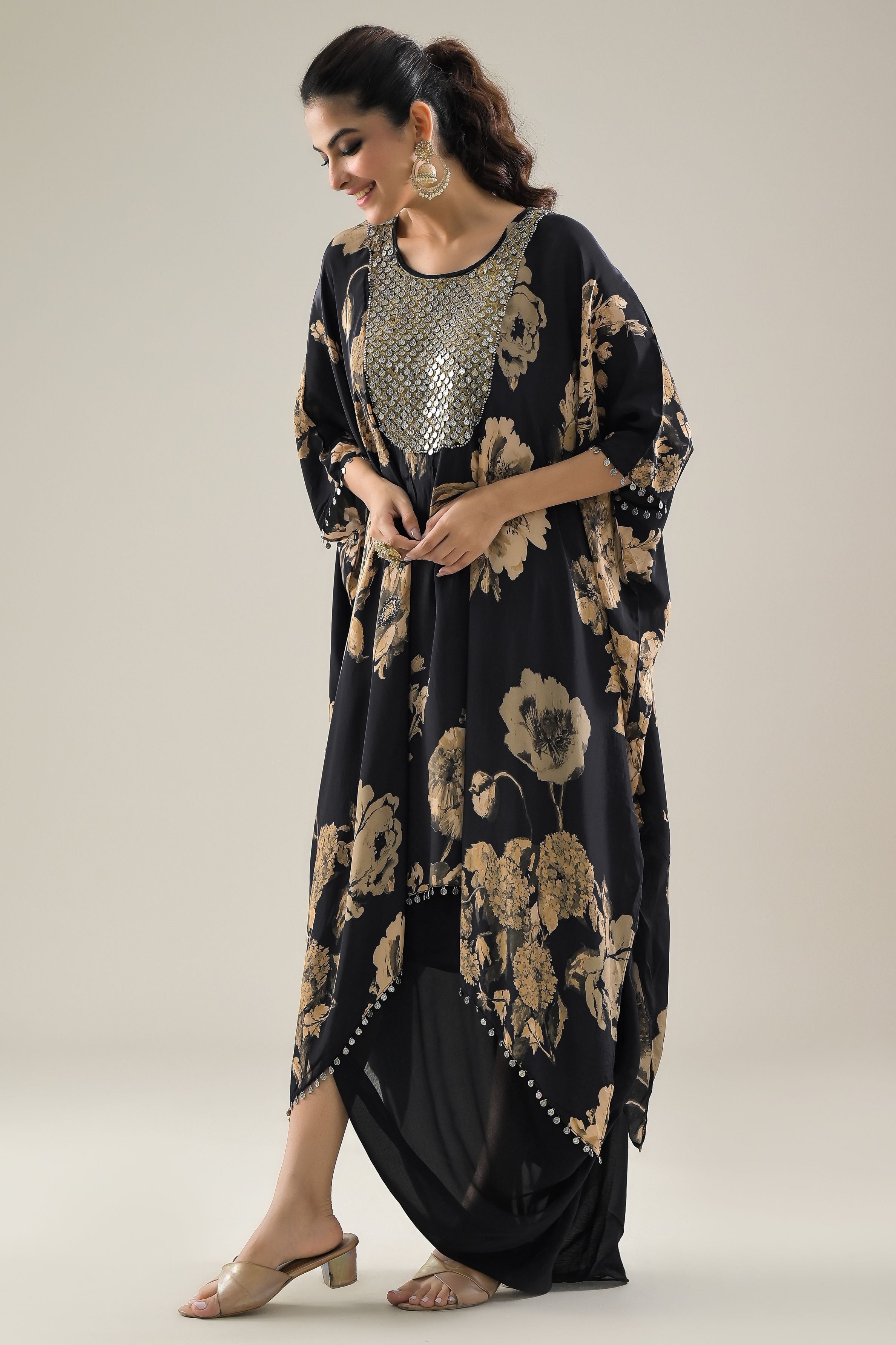 Black Floral Printed Crepe Silk Kaftan & Skirt Set