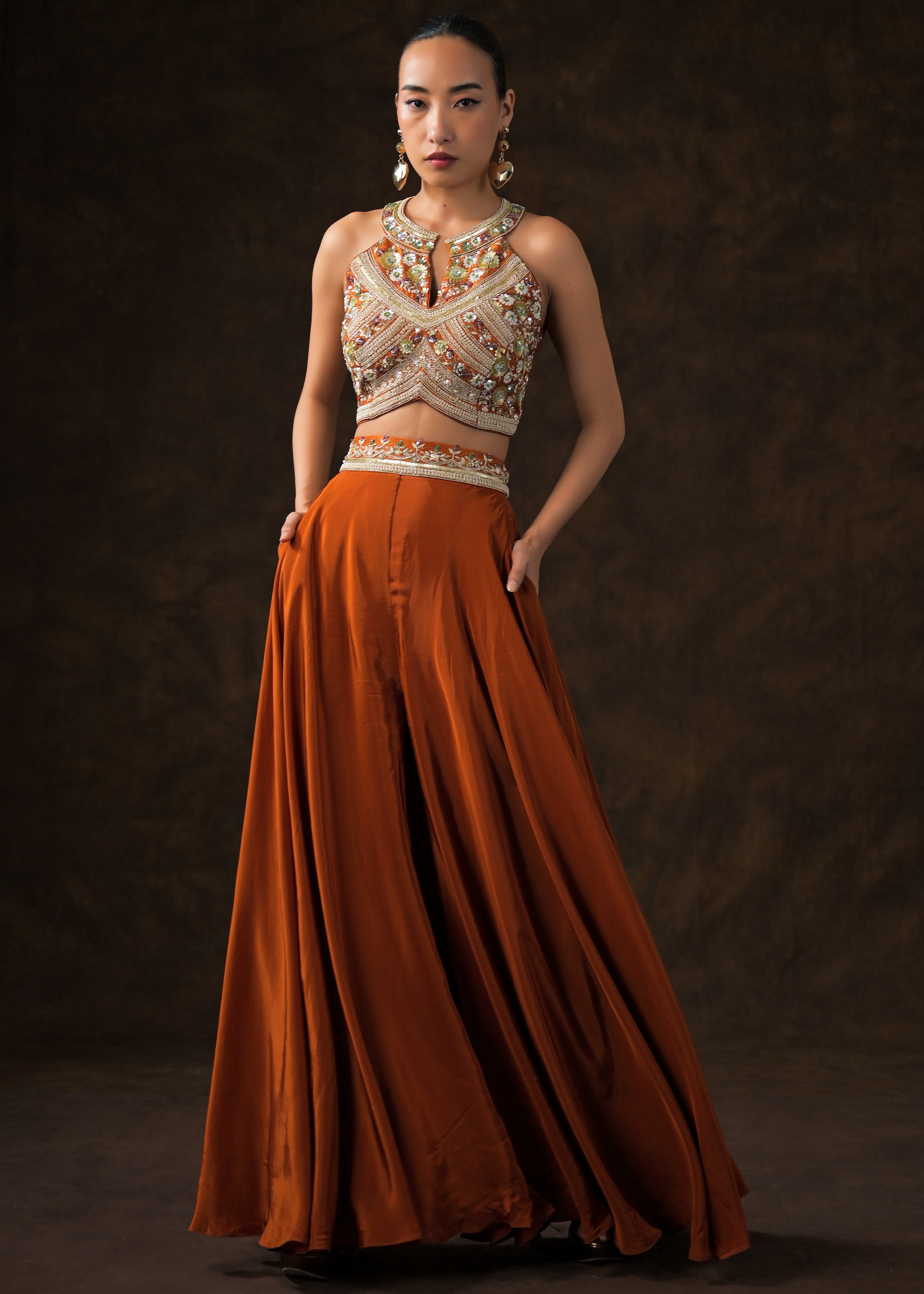 Rich Orange Embellished Satin Silk Palazzo Set