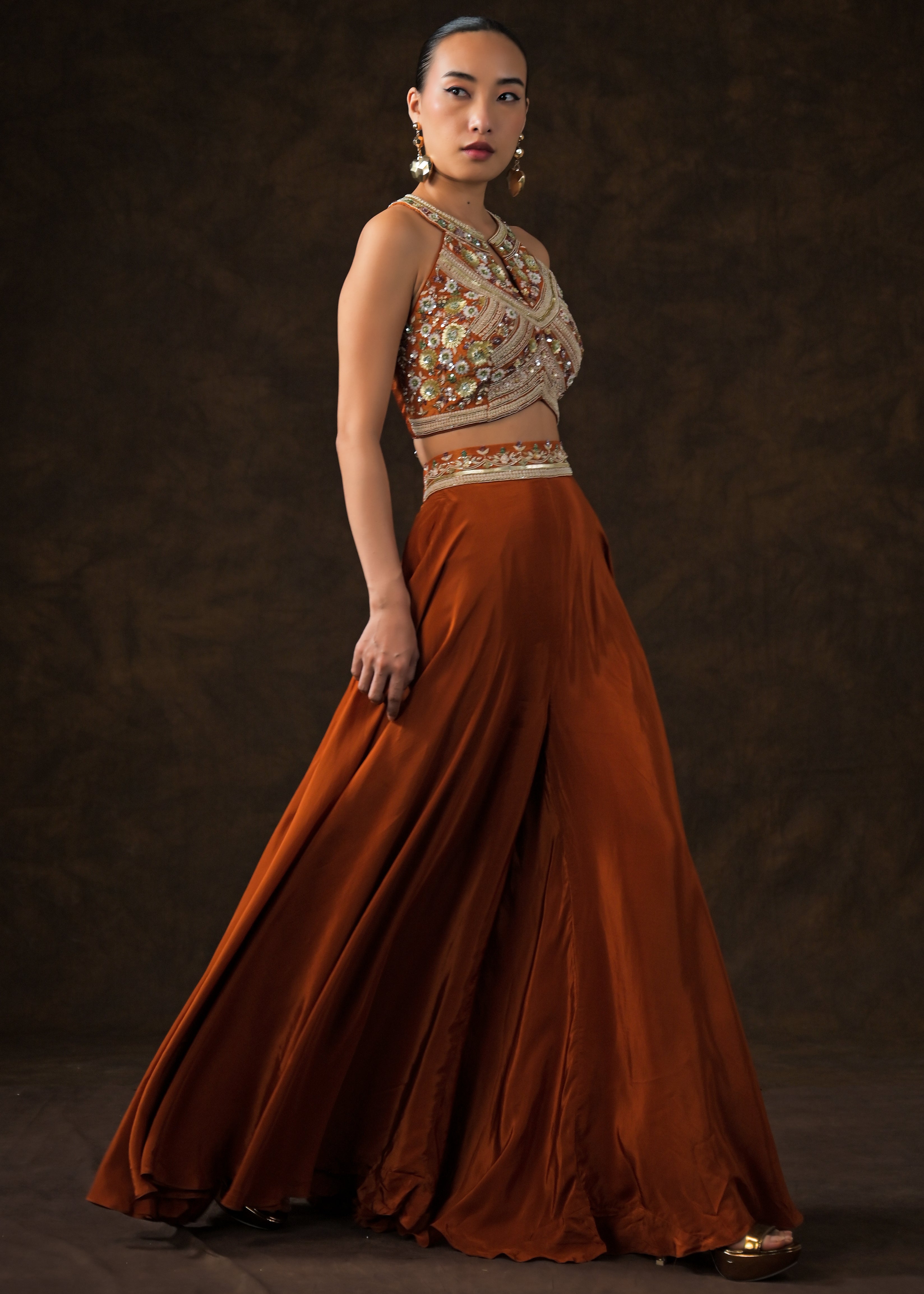 Rich Orange Embellished Satin Silk Palazzo Set
