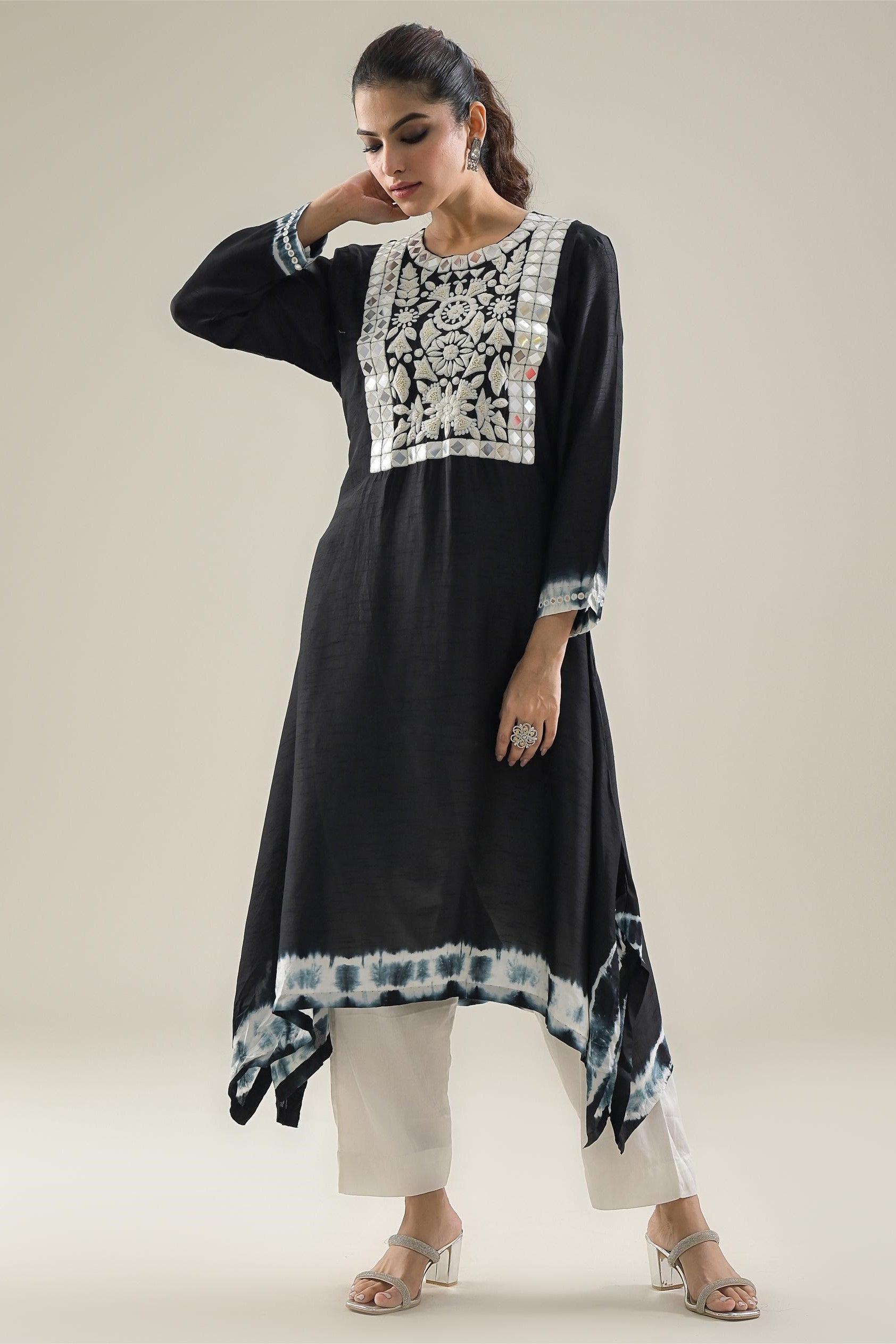 Black Tie Dye Raw Silk Kurta & Pants Set