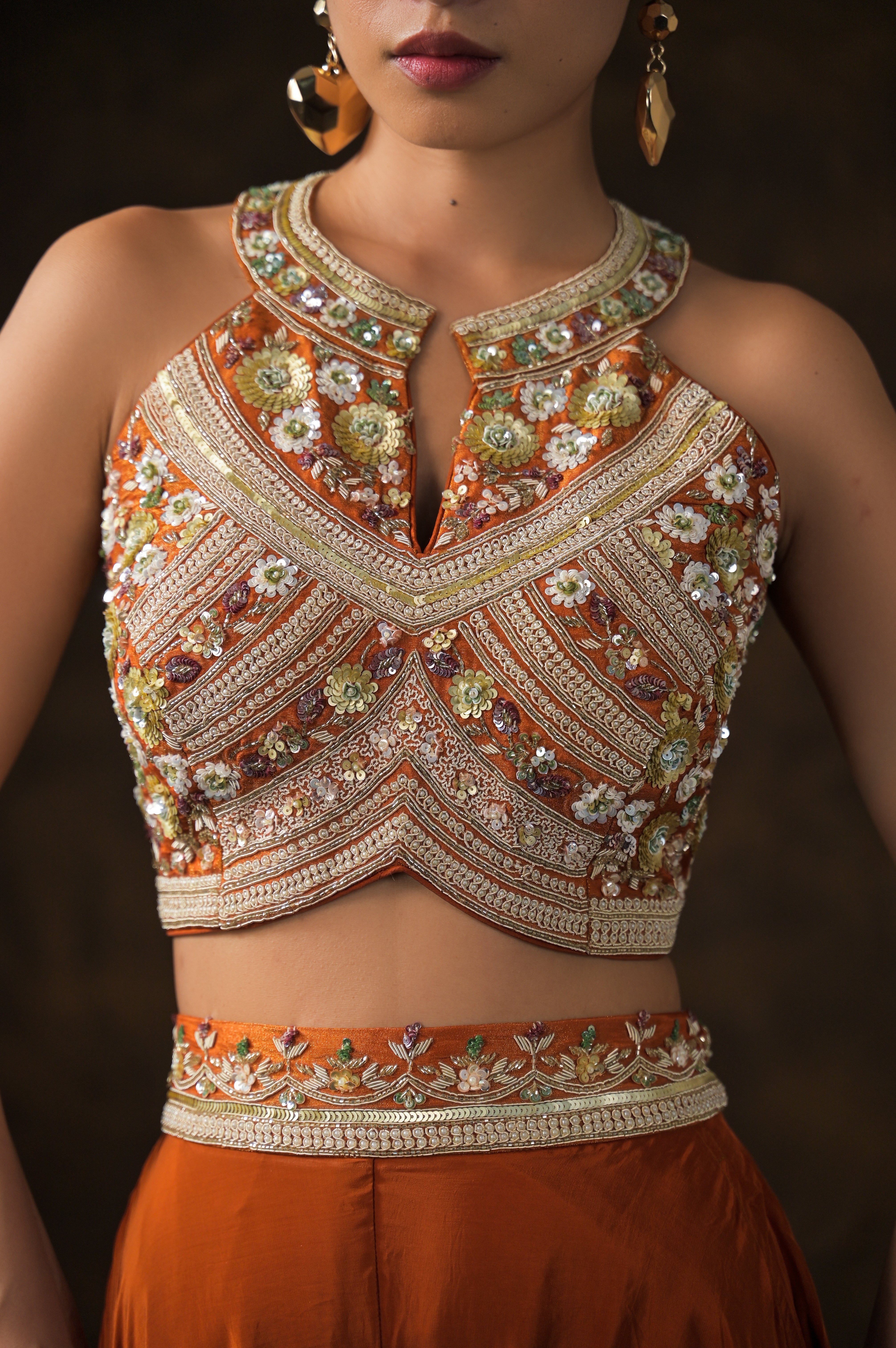 Rich Orange Embellished Satin Silk Palazzo Set