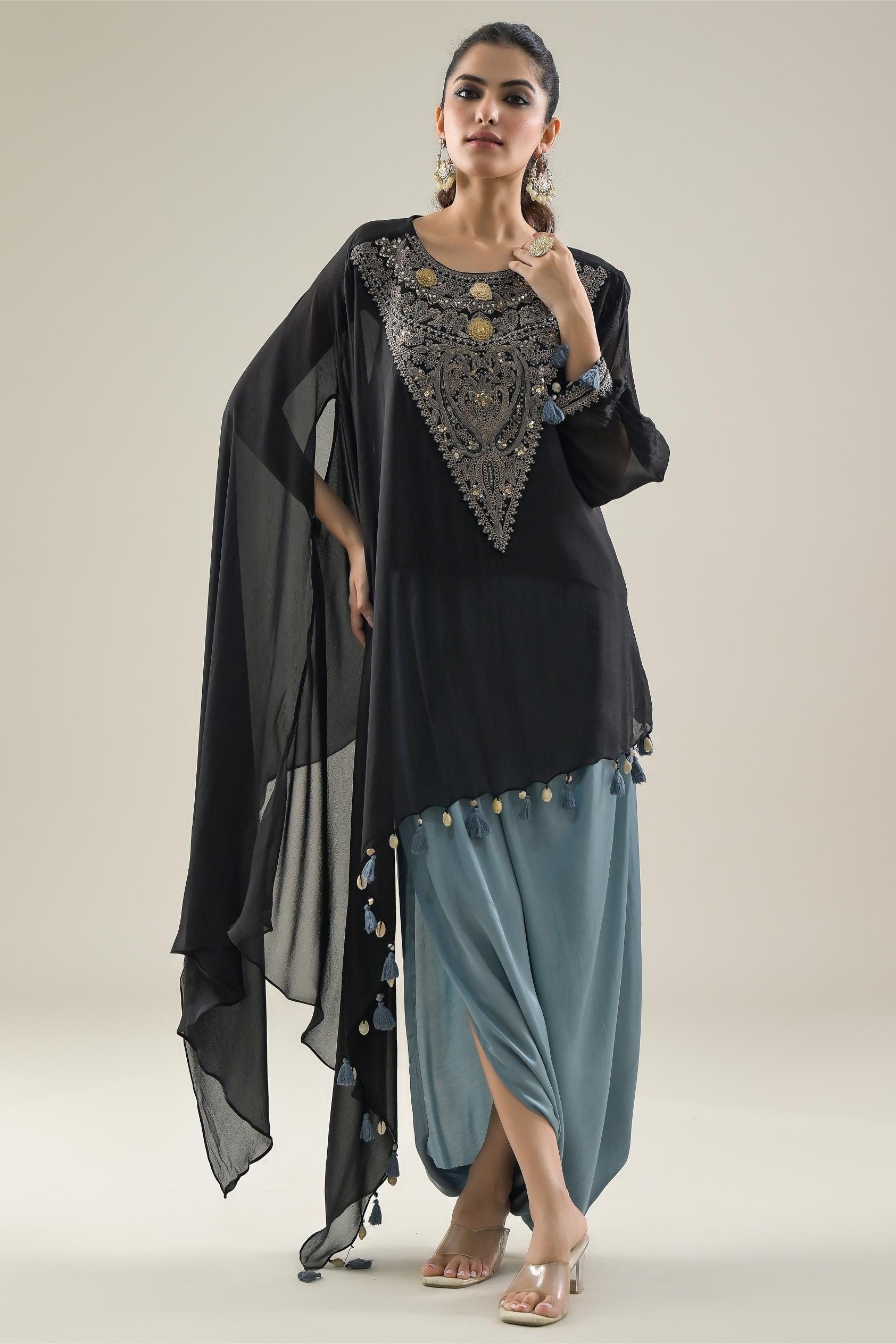 Black Embroidered Chinon Silk Kaftan & Skirt Set