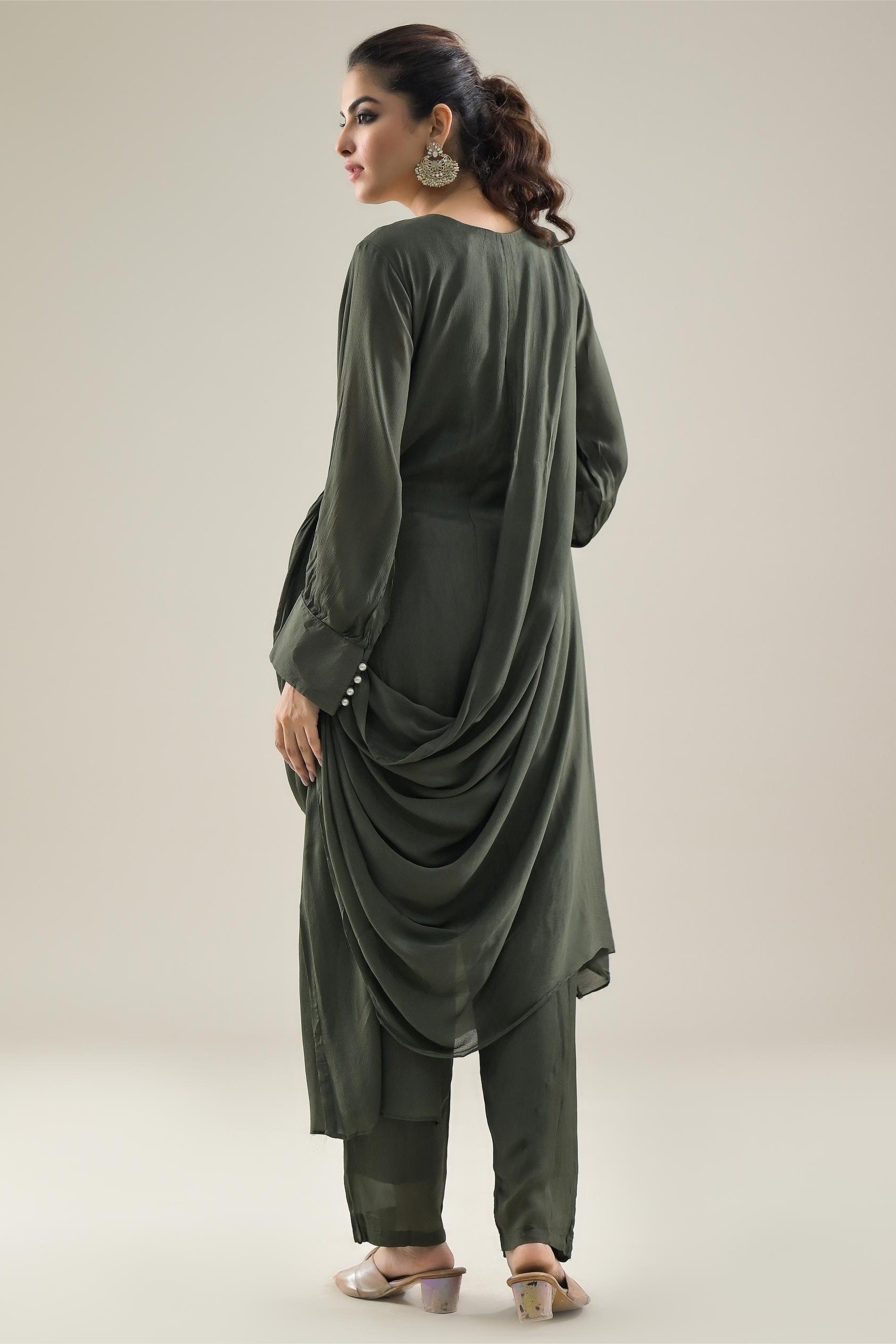 Olive Green Embroidered Chinon Silk Kurta & Pants Set