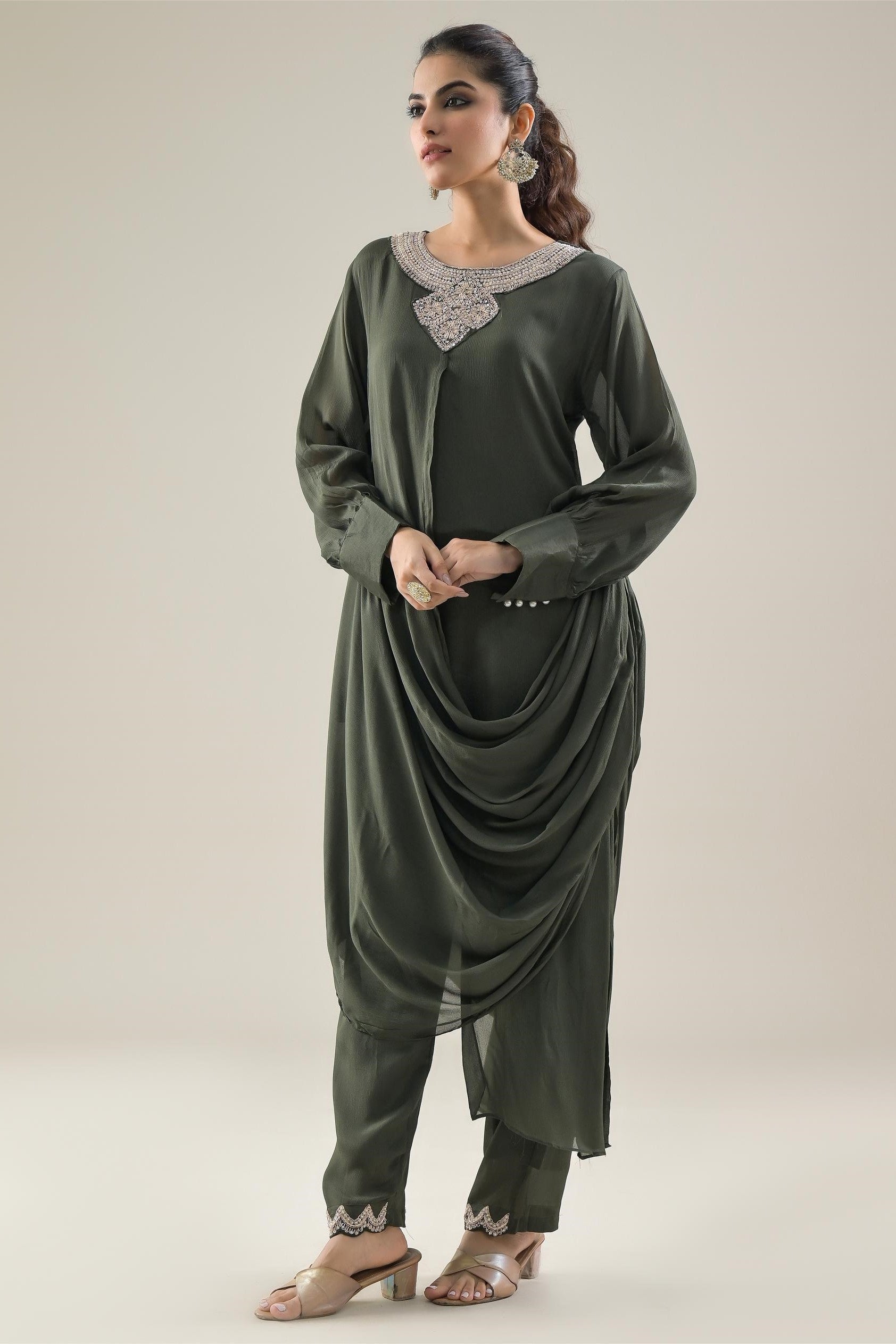 Olive Green Embroidered Chinon Silk Kurta & Pants Set