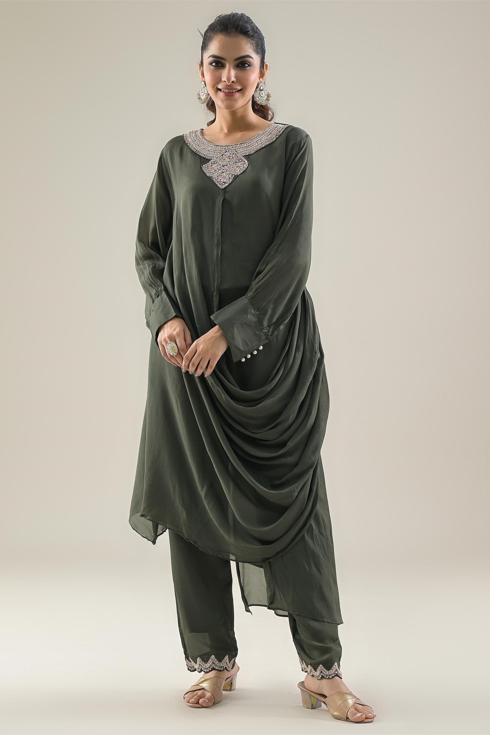 Olive Green Embroidered Chinon Silk Kurta & Pants Set