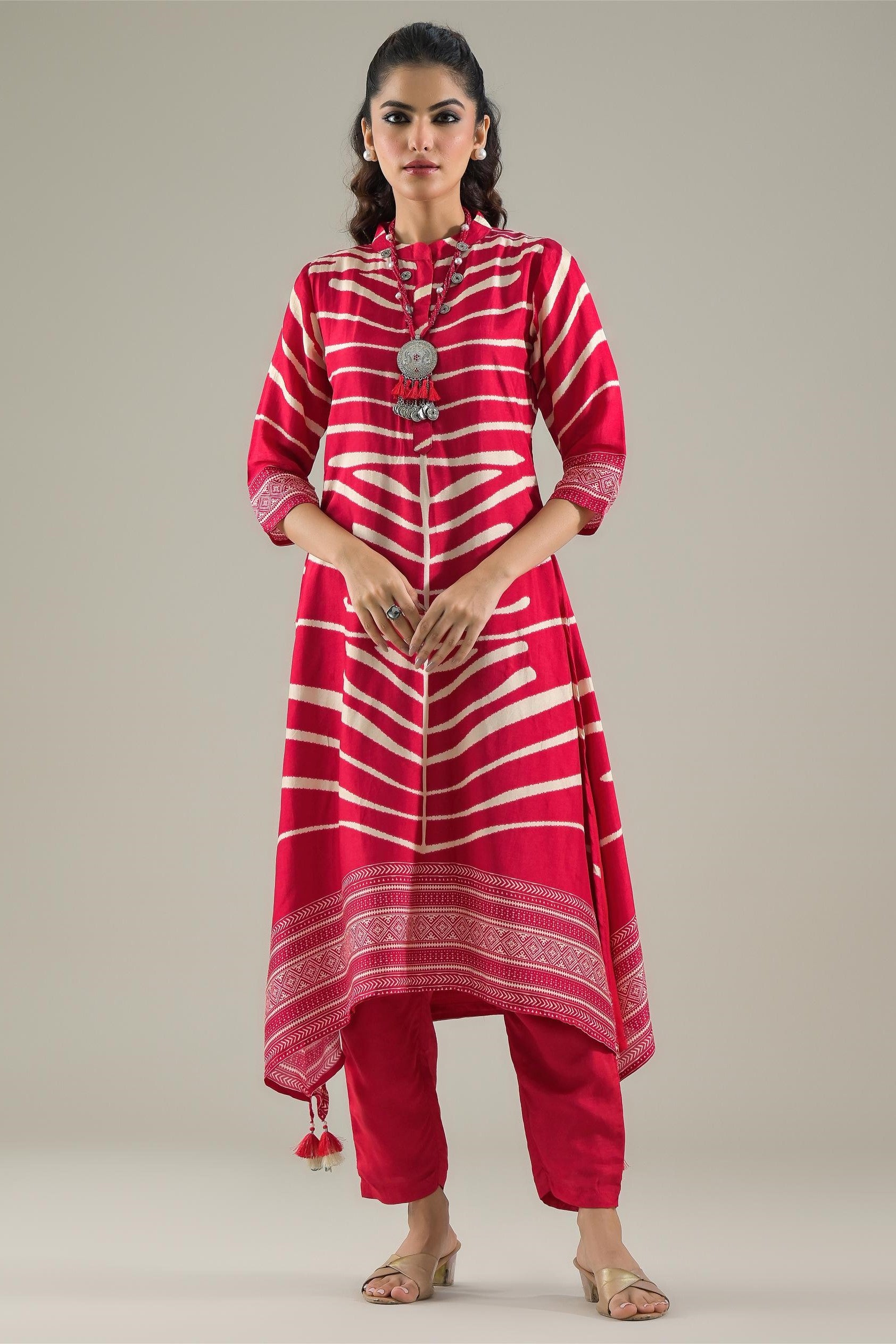 Red Stripe Printed Muslin Silk Kurta Pant Set