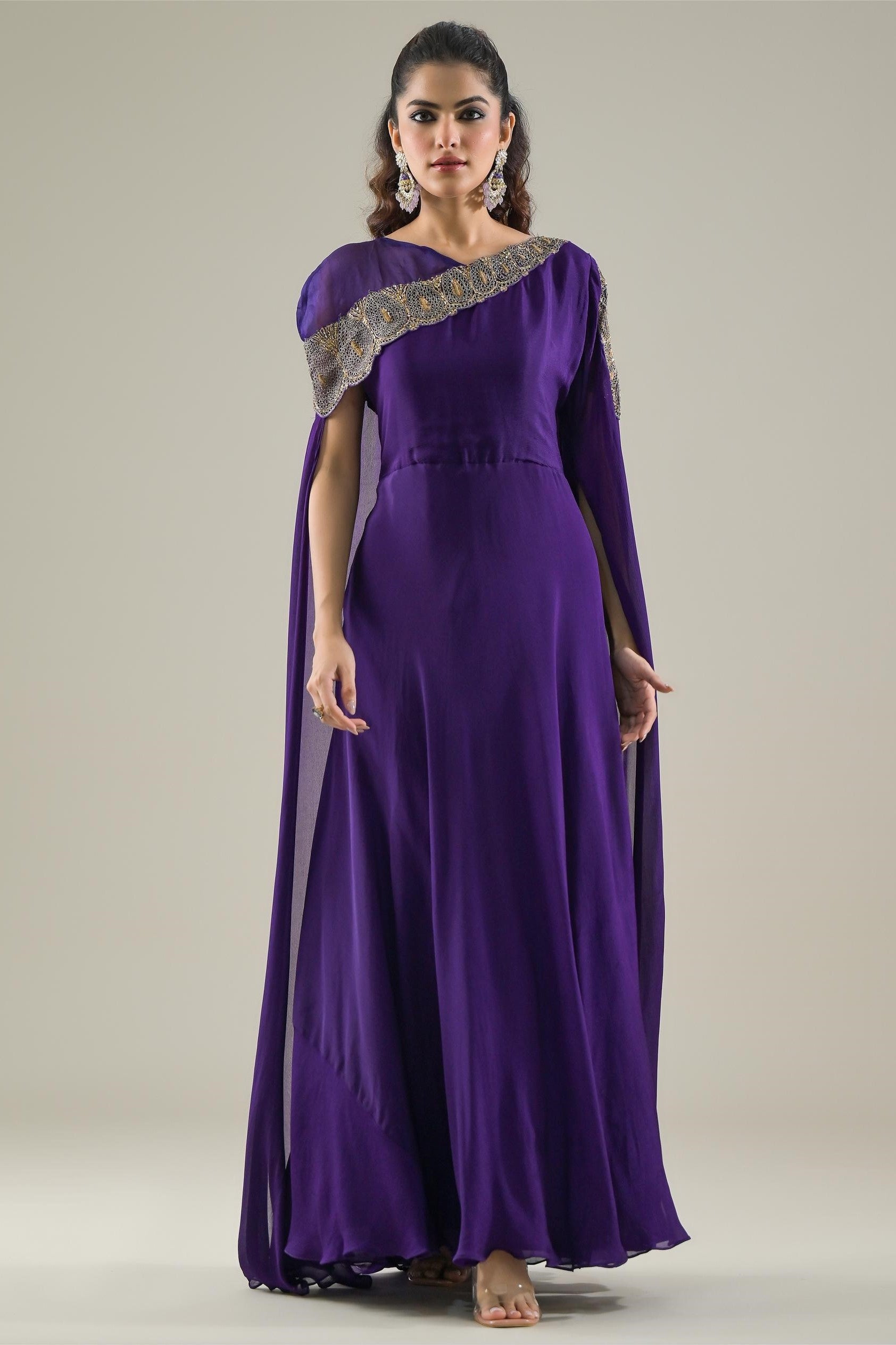 Purple Embellished Chinon Silk Gown