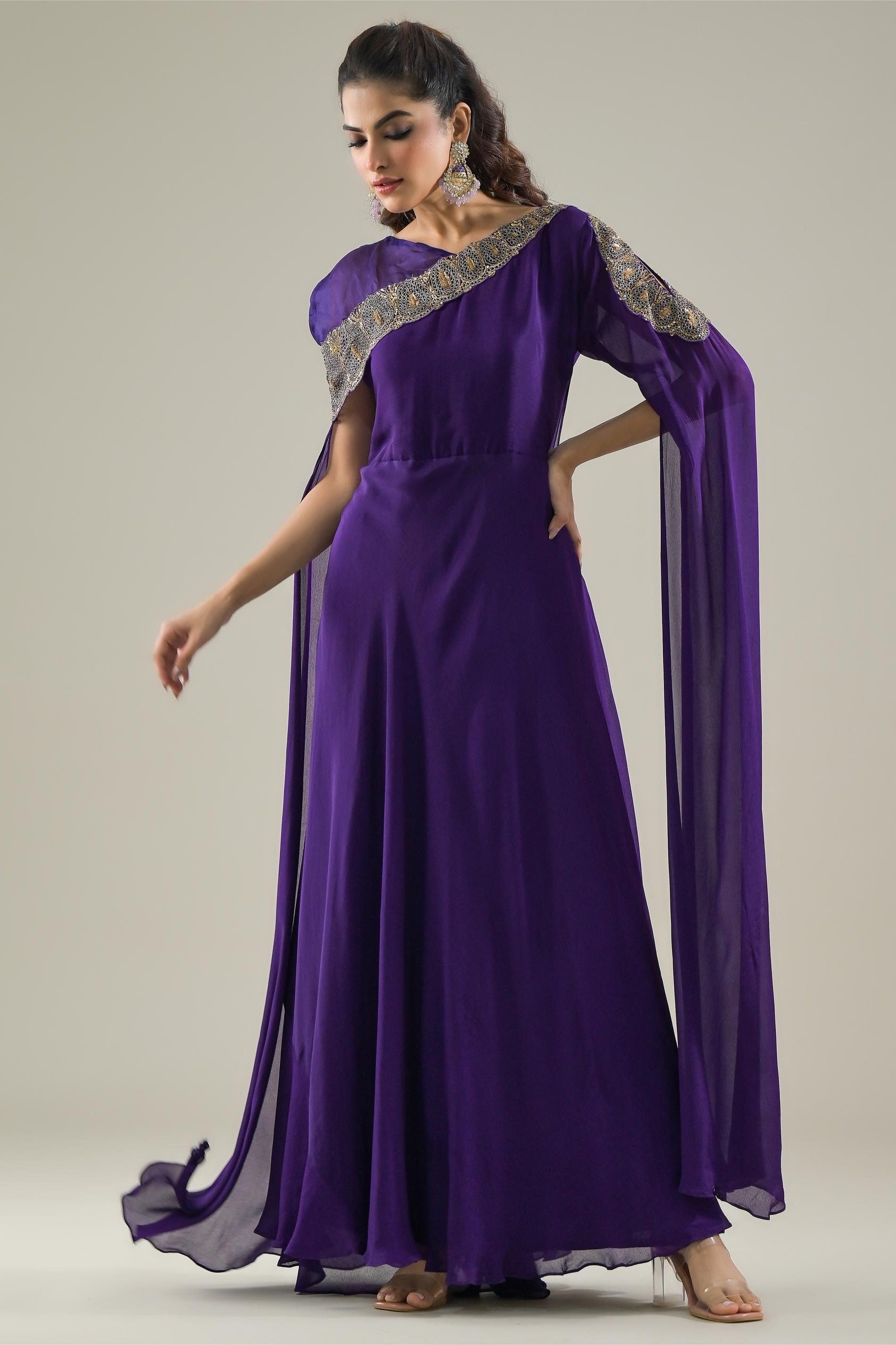 Purple Embellished Chinon Silk Gown