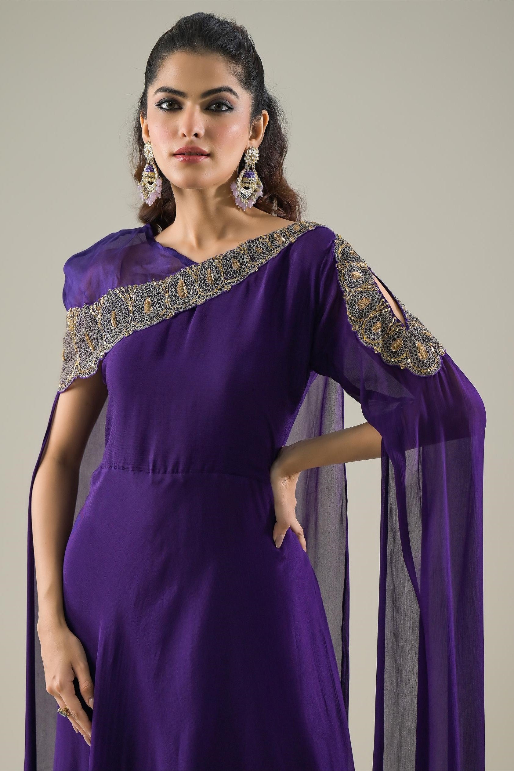 Purple Embellished Chinon Silk Gown