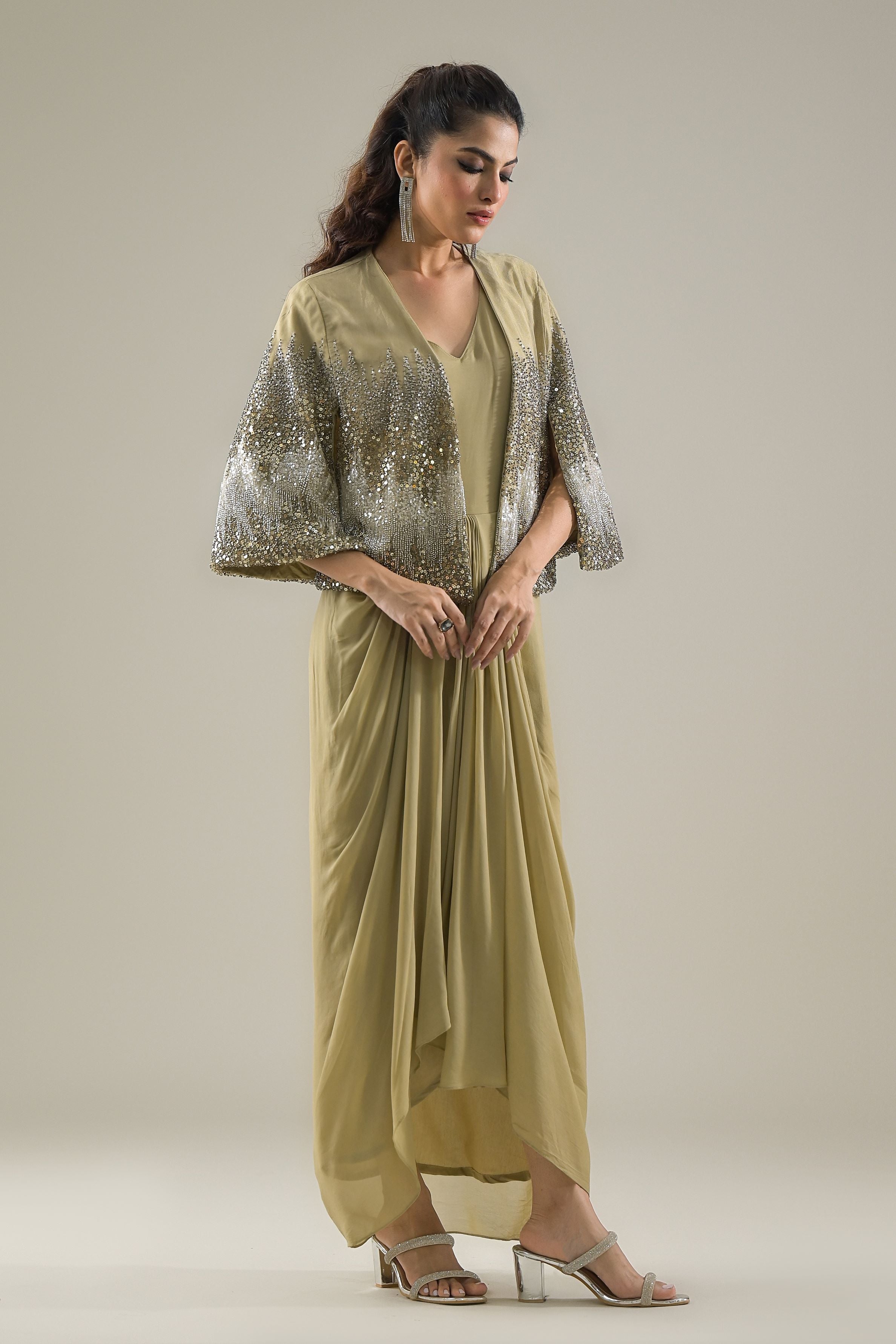 Dusky Green Embellished Premium Net Cape Gown