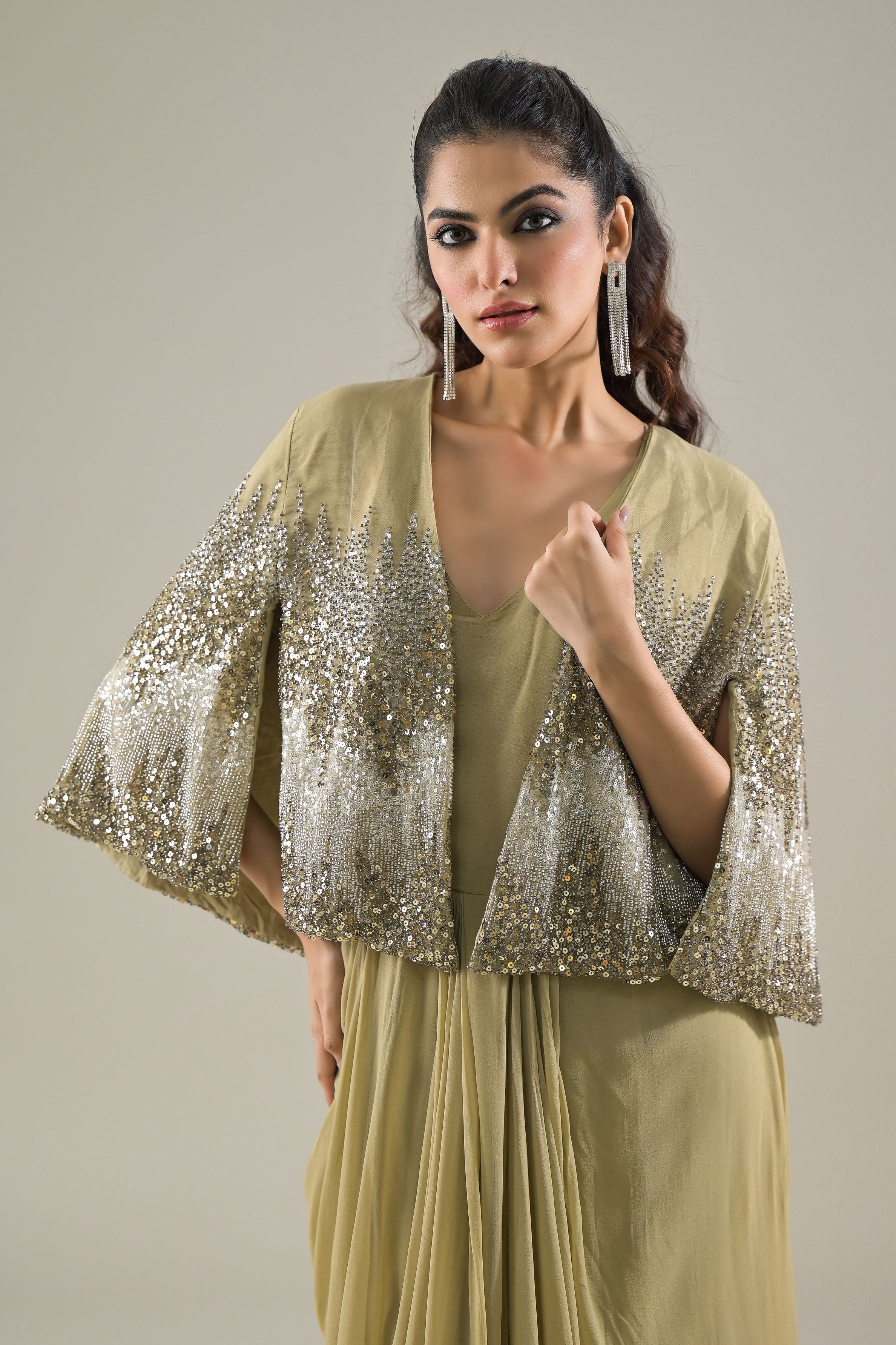 Dusky Green Embellished Premium Net Cape Gown