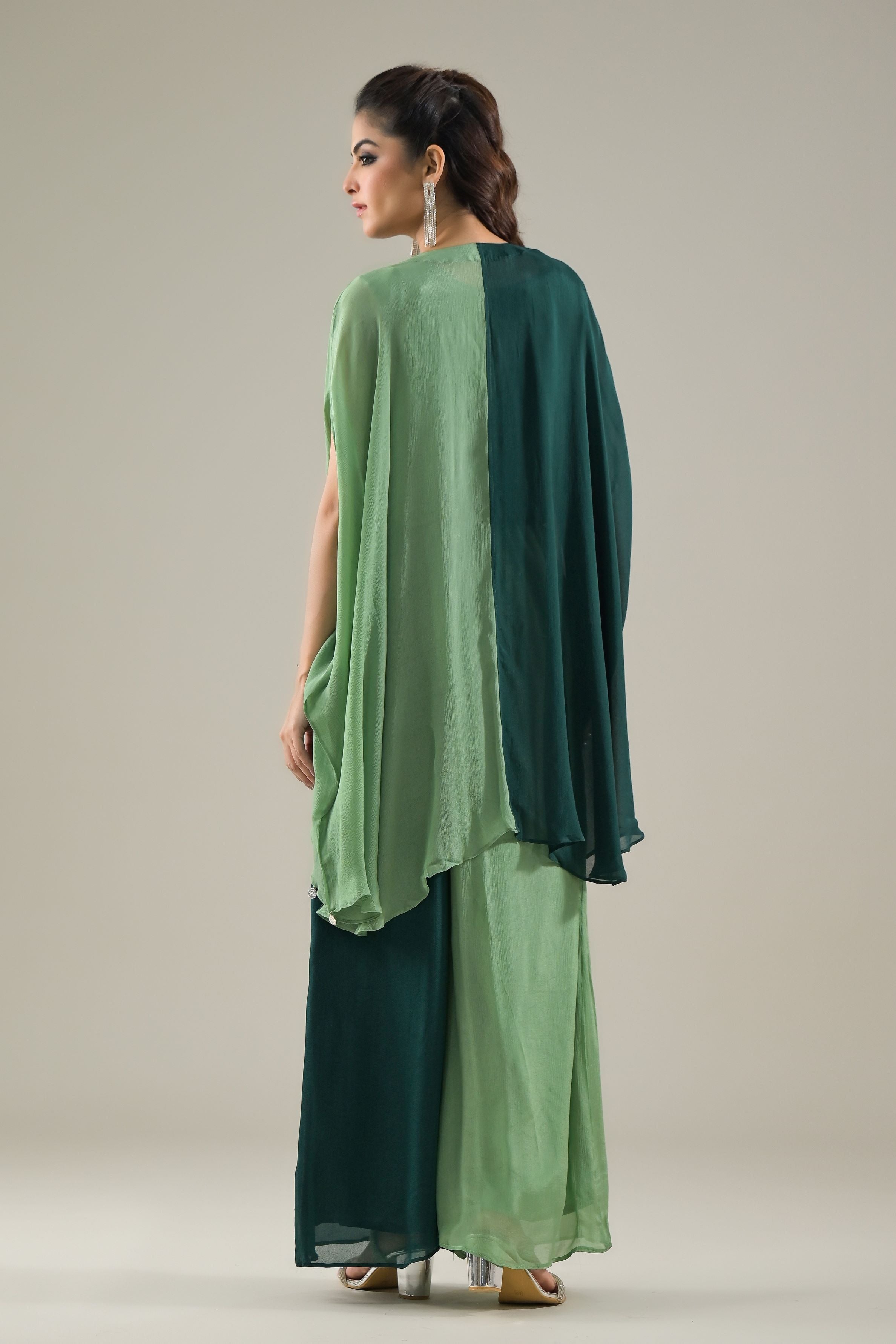 Green Ombre-Dyed Chinon Silk Kaftan Set