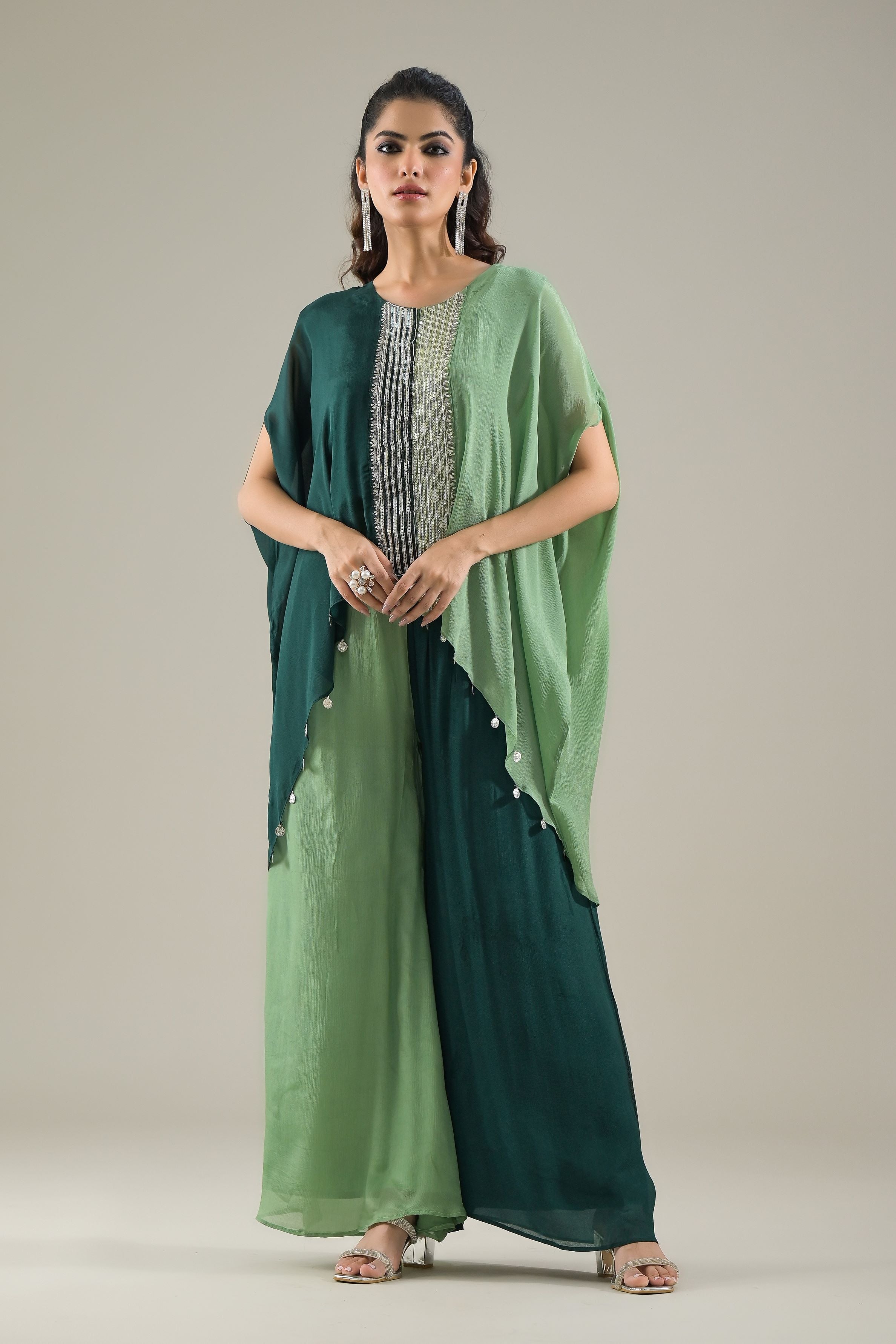 Green Ombre-Dyed Chinon Silk Kaftan Set