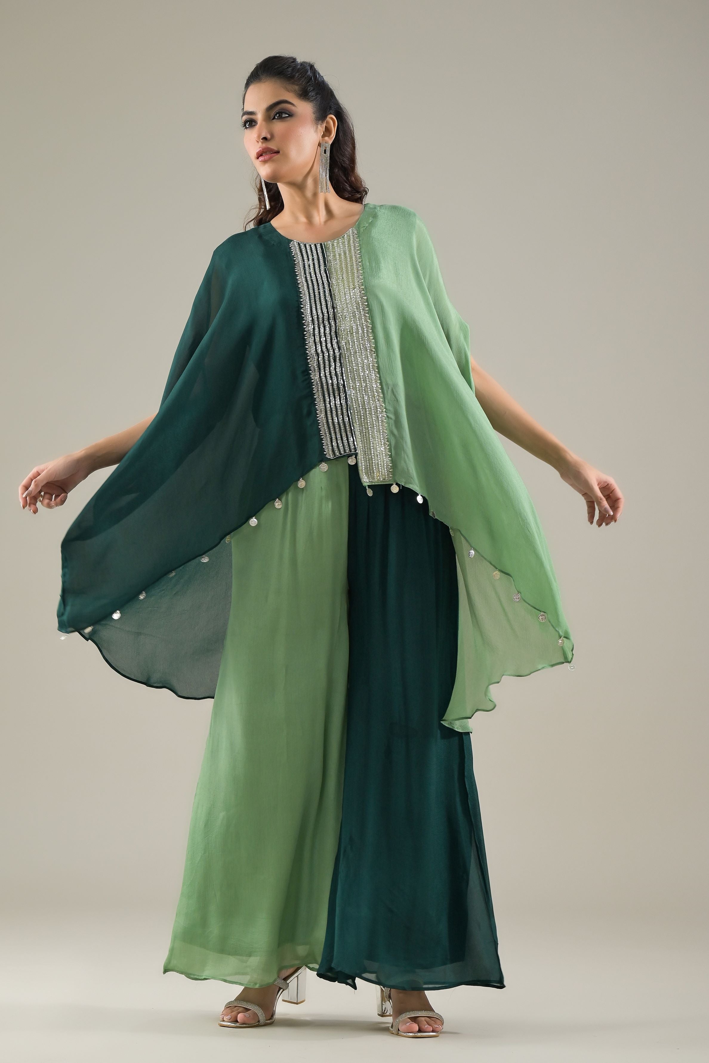 Green Ombre-Dyed Chinon Silk Kaftan Set