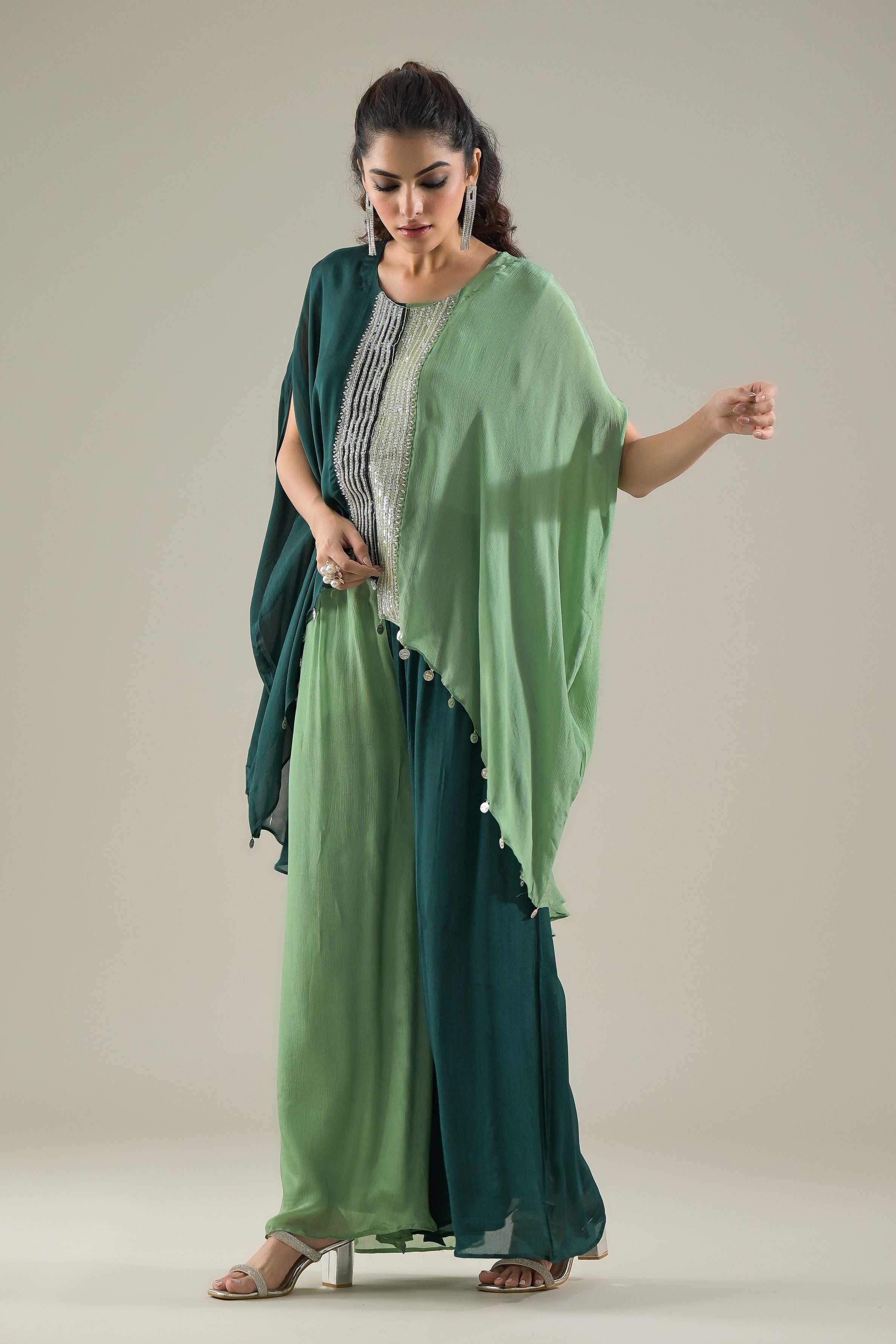 Green Ombre-Dyed Chinon Silk Kaftan Set