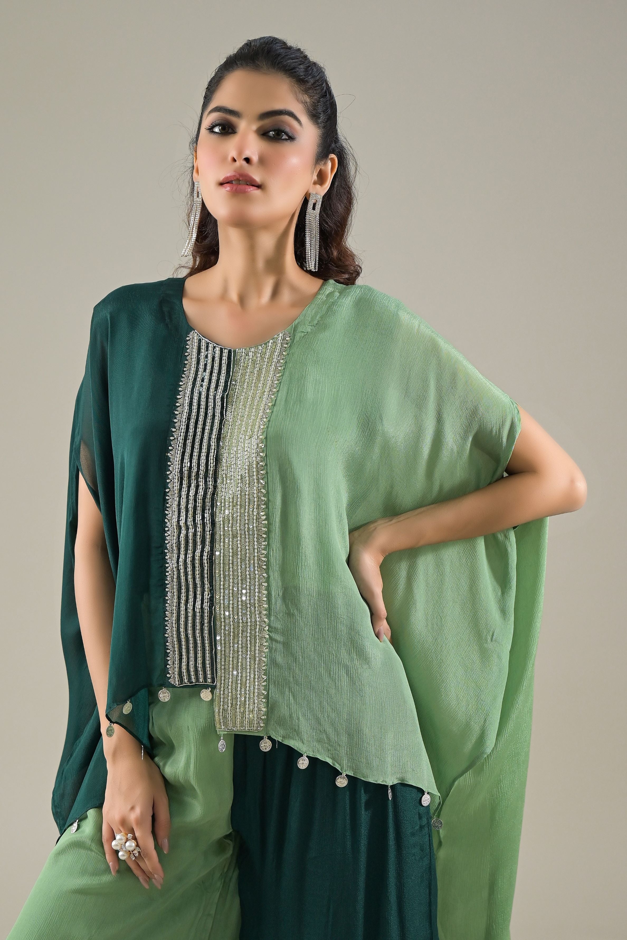 Green Ombre-Dyed Chinon Silk Kaftan Set